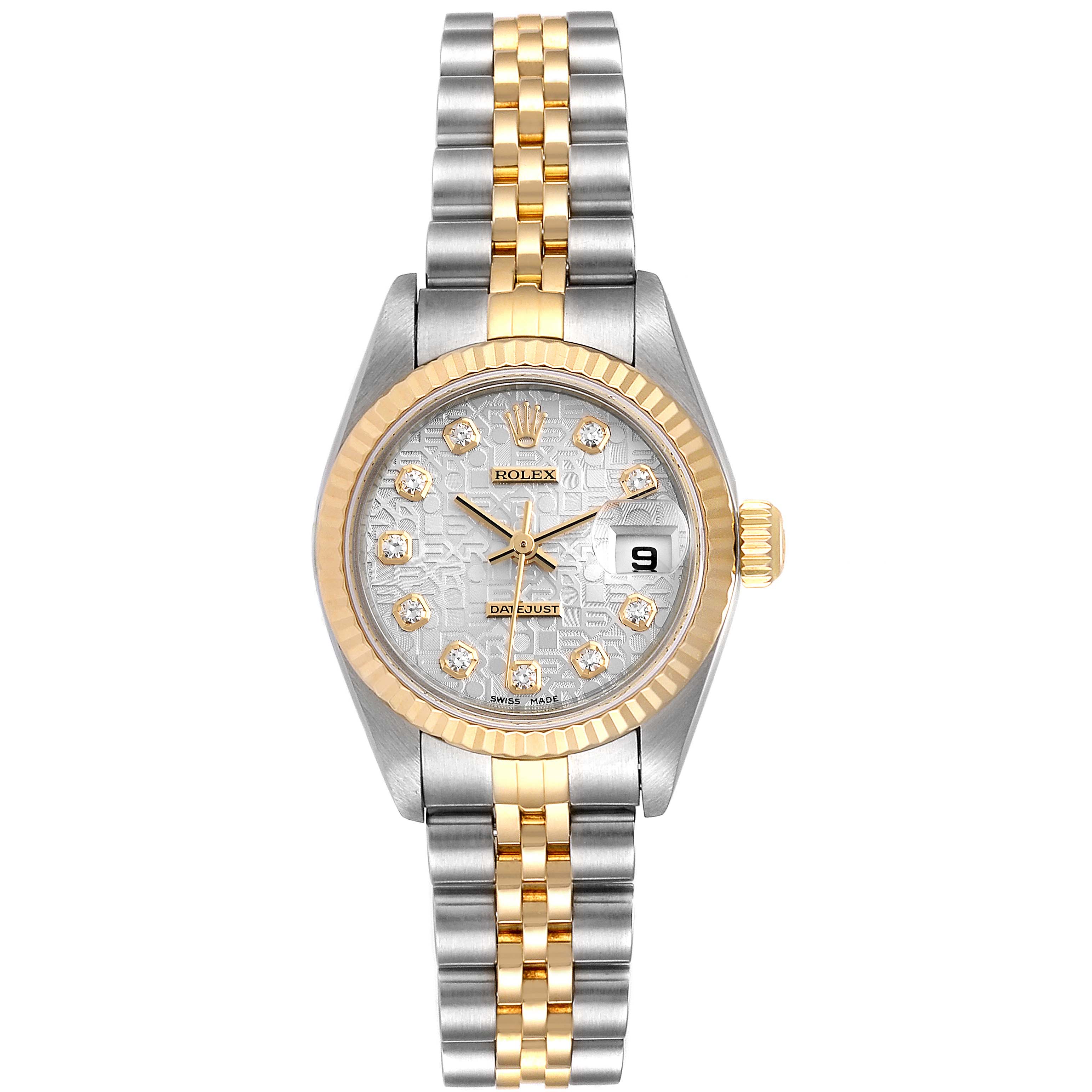 This image shows a frontal view of a Rolex Datejust 79173 Women's Steel and Gold (two tone) Silver Dial 79173 Women's Steel and Gold (two tone) Silver Dial watch, highlighting the dial, bezel, crown, and bracelet.