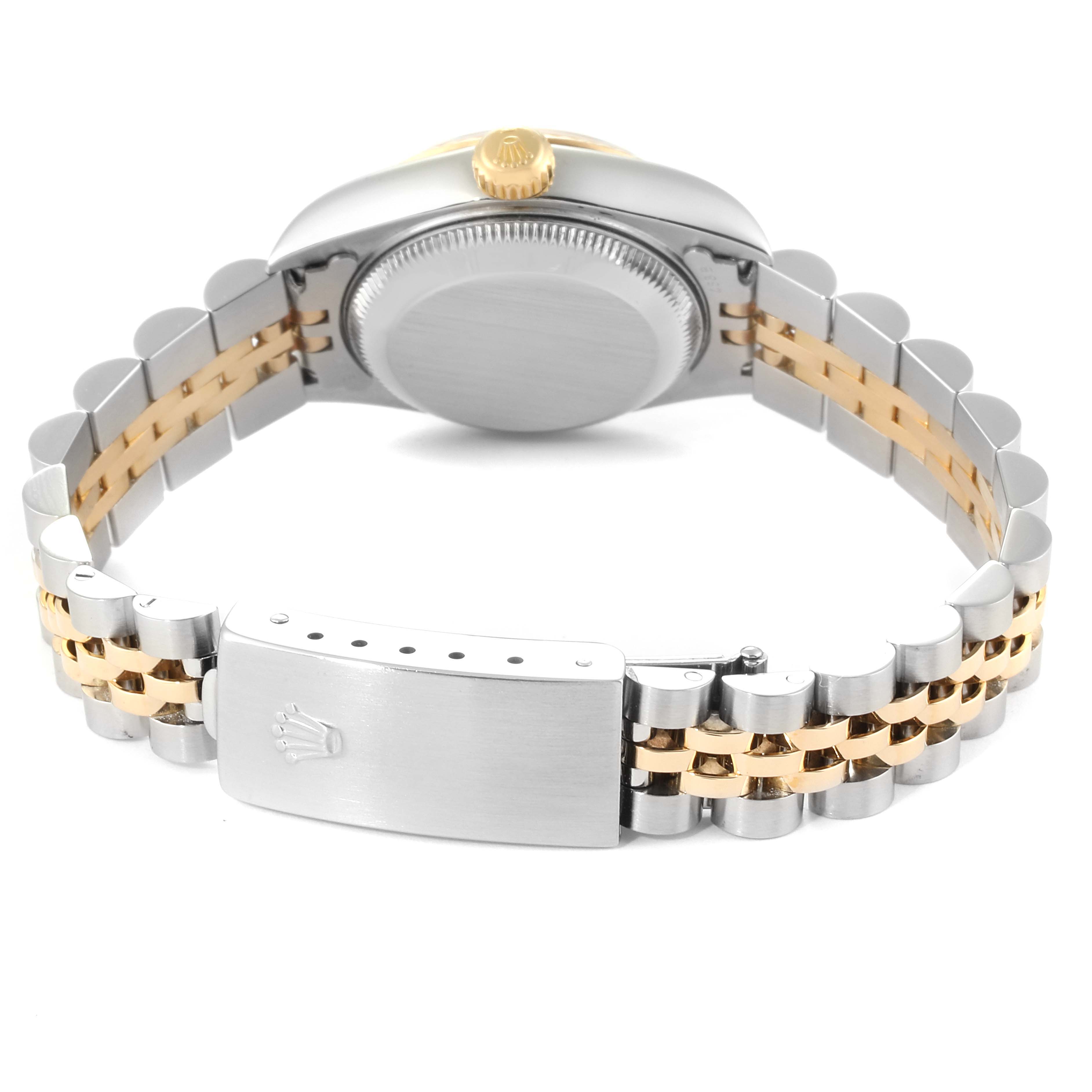 This image shows the back of a Rolex Datejust 79173 Women's Steel and Gold (two tone) Silver Dial 79173 Women's Steel and Gold (two tone) Silver Dial, highlighting the case, crown, and two-tone bracelet with a folded clasp.