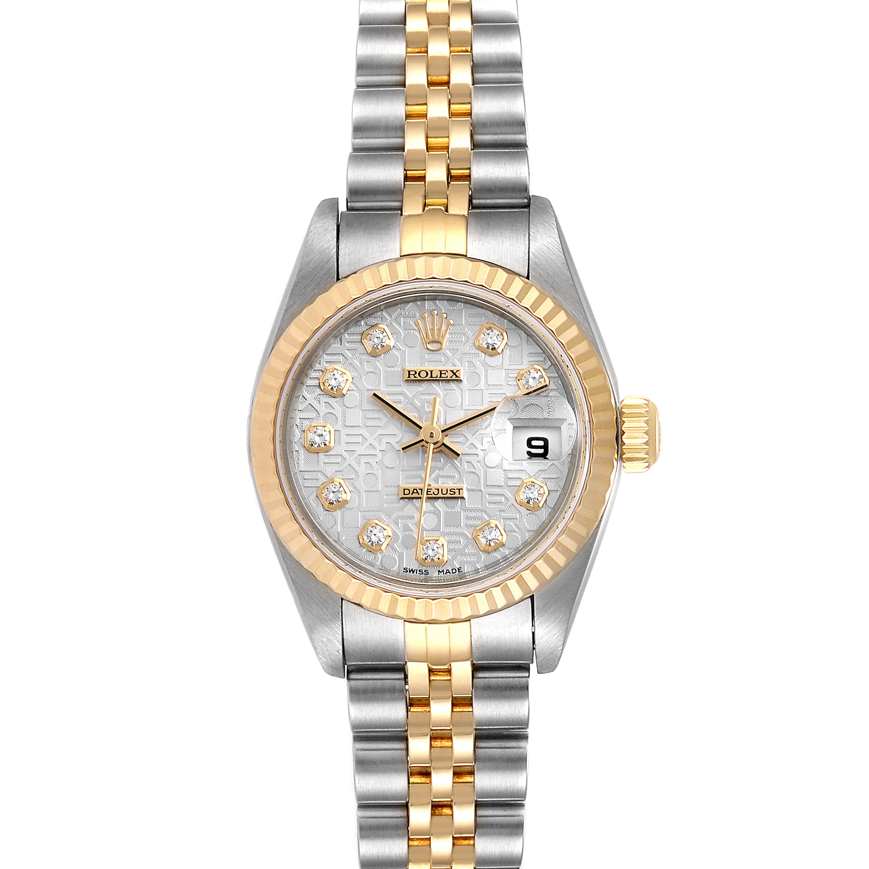 The Rolex Datejust 79173 Women's Steel and Gold (two tone) Silver Dial 79173 Women's Steel and Gold (two tone) Silver Dial watch is shown from the front, displaying the face, bezel, and part of the bracelet.