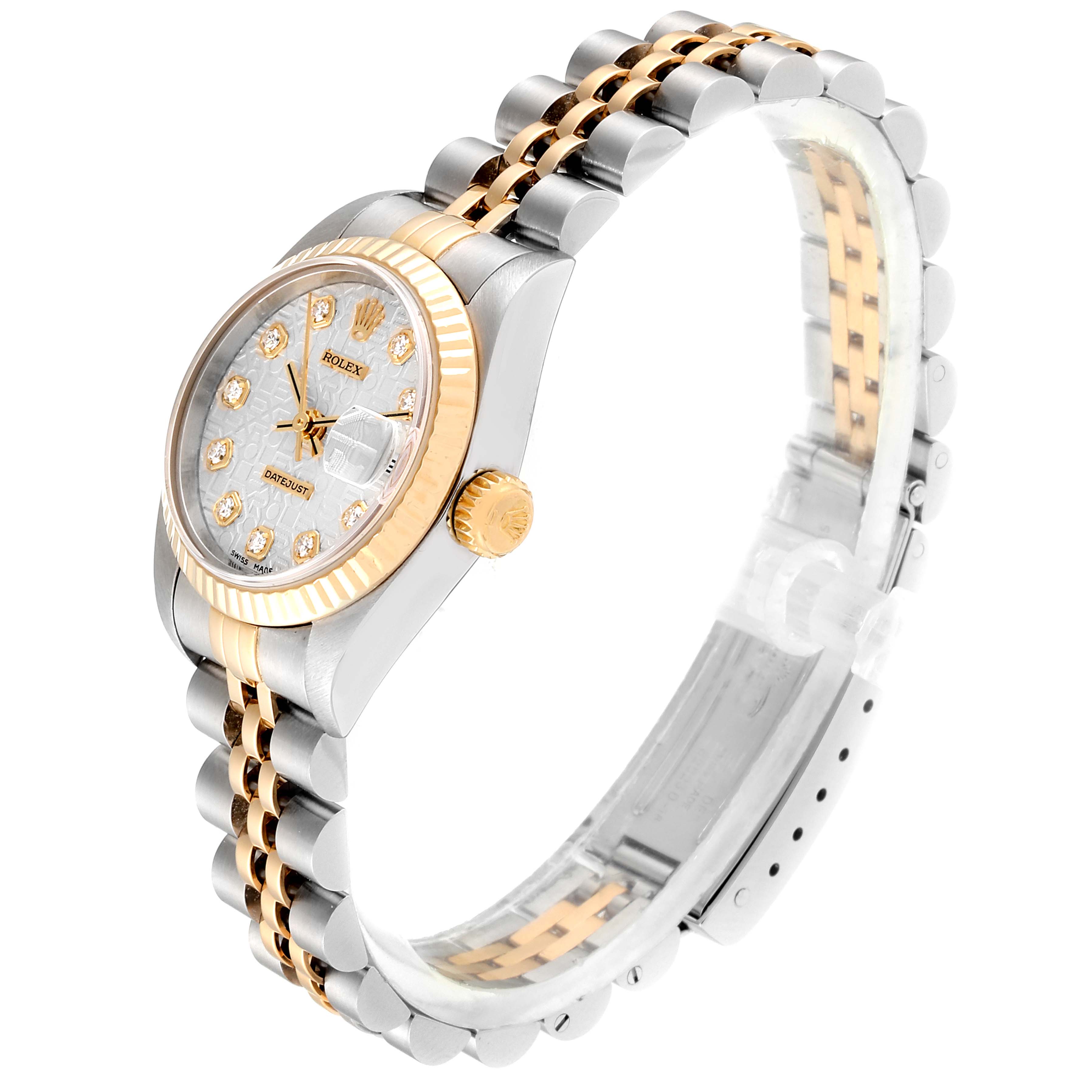 The Rolex Datejust 79173 Women's Steel and Gold (two tone) Silver Dial 79173 Women's Steel and Gold (two tone) Silver Dial watch is displayed at a three-quarter angle, showing the face, bezel, crown, and two-tone bracelet.