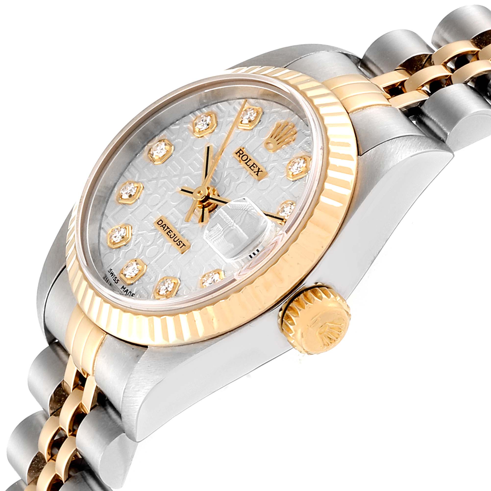 This image shows a close-up angled view of the face, bezel, crown, and bracelet of the Rolex Datejust 79173 Women's Steel and Gold (two tone) Silver Dial 79173 Women's Steel and Gold (two tone) Silver Dial watch.