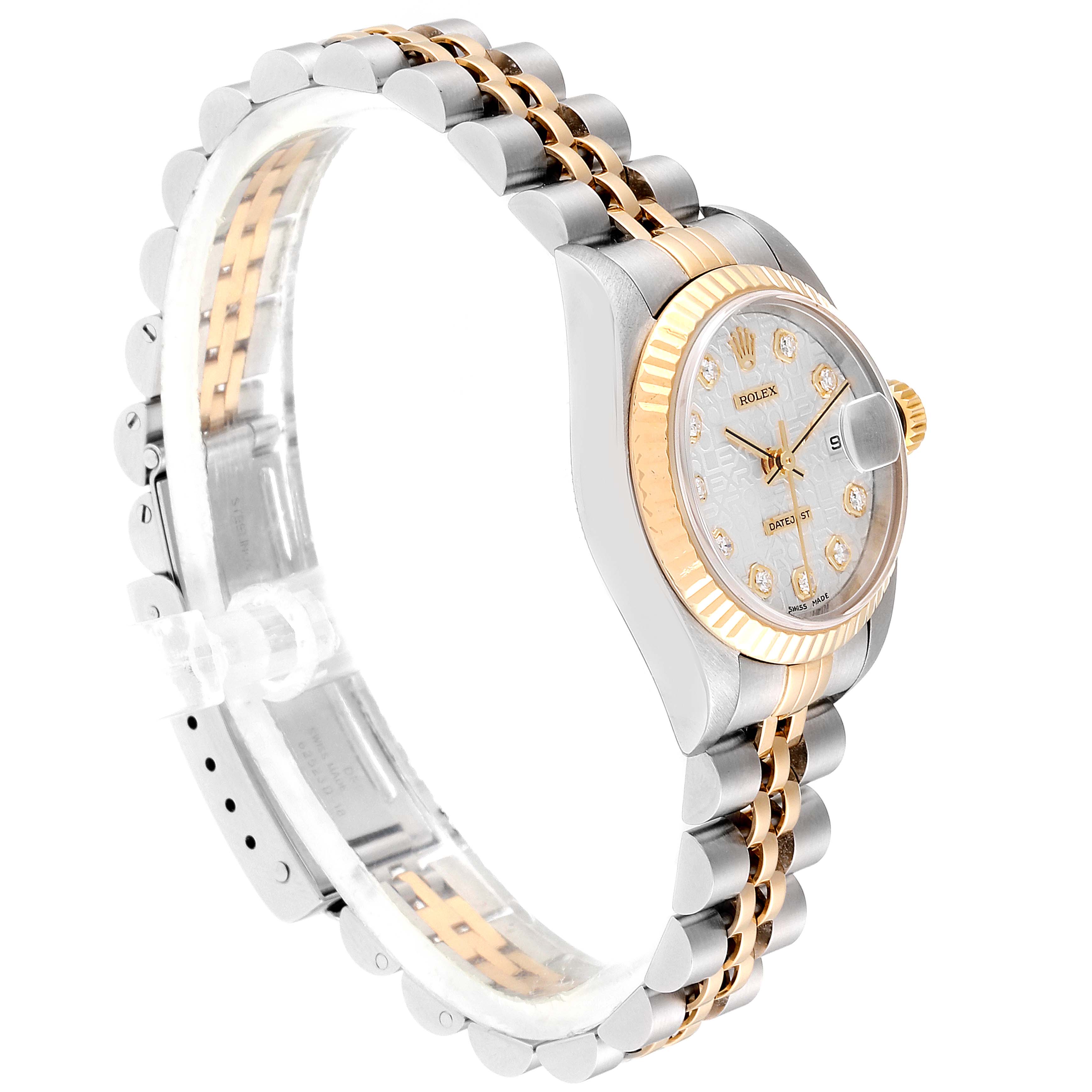 The Rolex Datejust 79173 Women's Steel and Gold (two tone) Silver Dial 79173 Women's Steel and Gold (two tone) Silver Dial watch is shown at an angle highlighting its face, bezel, and two-tone bracelet.