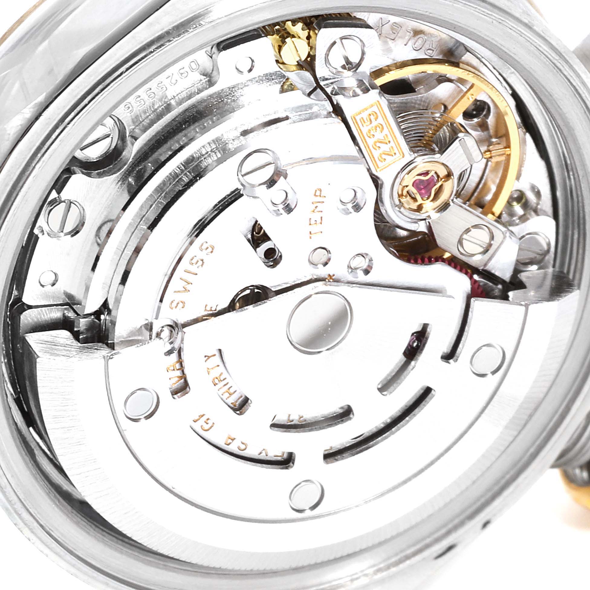 This image shows the intricate movement and parts of the Rolex Datejust 79173 Women's Steel and Gold (two tone) Silver Dial 79173 Women's Steel and Gold (two tone) Silver Dial watch viewed from the back.