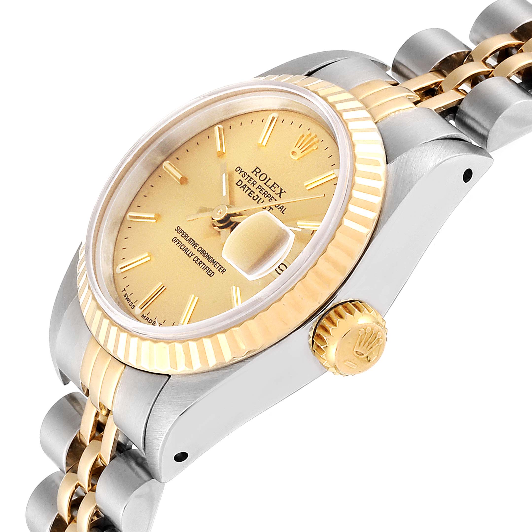 This image shows a Rolex Datejust 69173 Women's Steel and Gold (two tone) Champagne Dial 69173 Women's Steel and Gold (two tone) Champagne Dial watch from a side angle, highlighting the crown, bezel, and part of the bracelet.