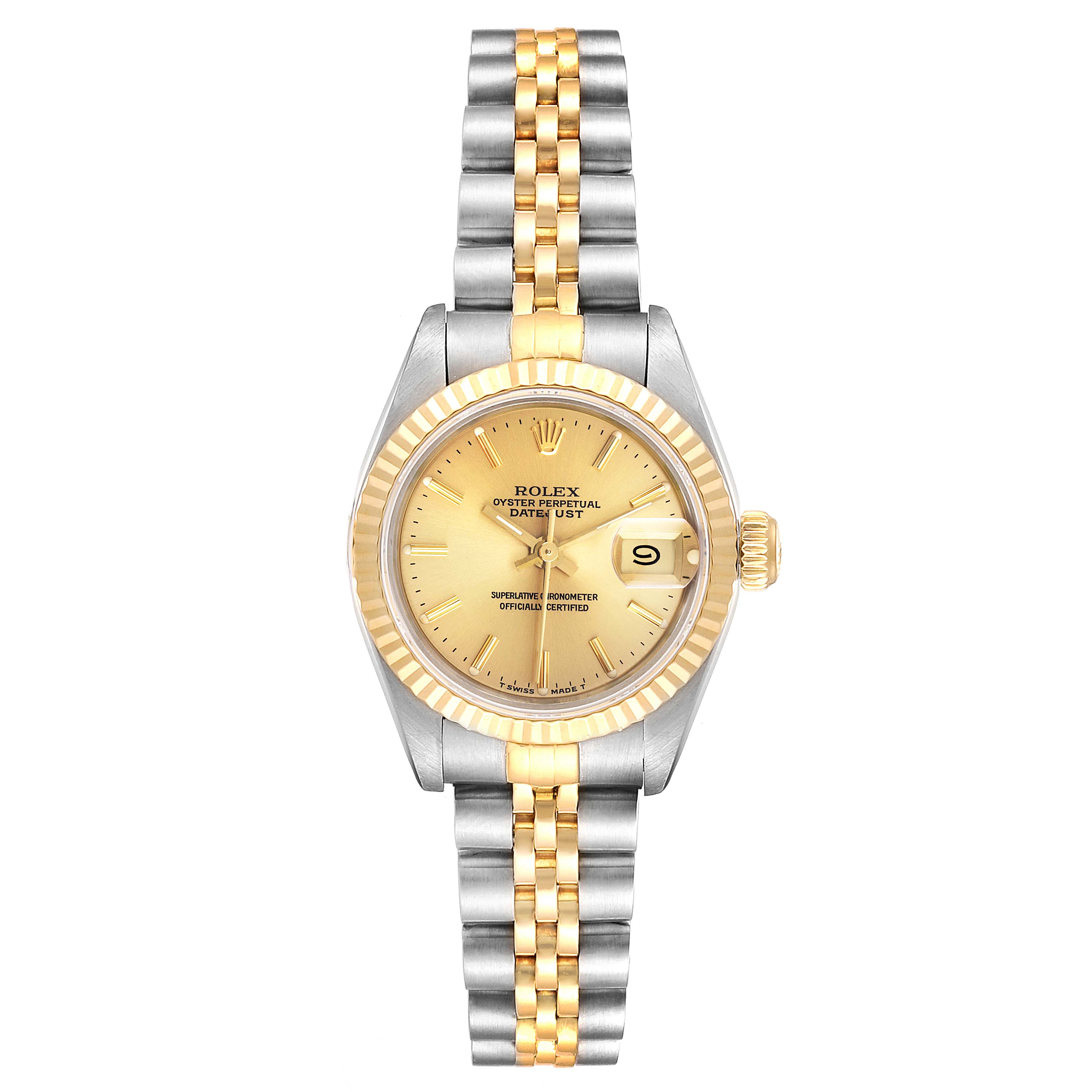 This image shows a frontal view of a Rolex Datejust 69173 Women's Steel and Gold (two tone) Champagne Dial 69173 Women's Steel and Gold (two tone) Champagne Dial watch, highlighting the face, bezel, and two-tone bracelet.