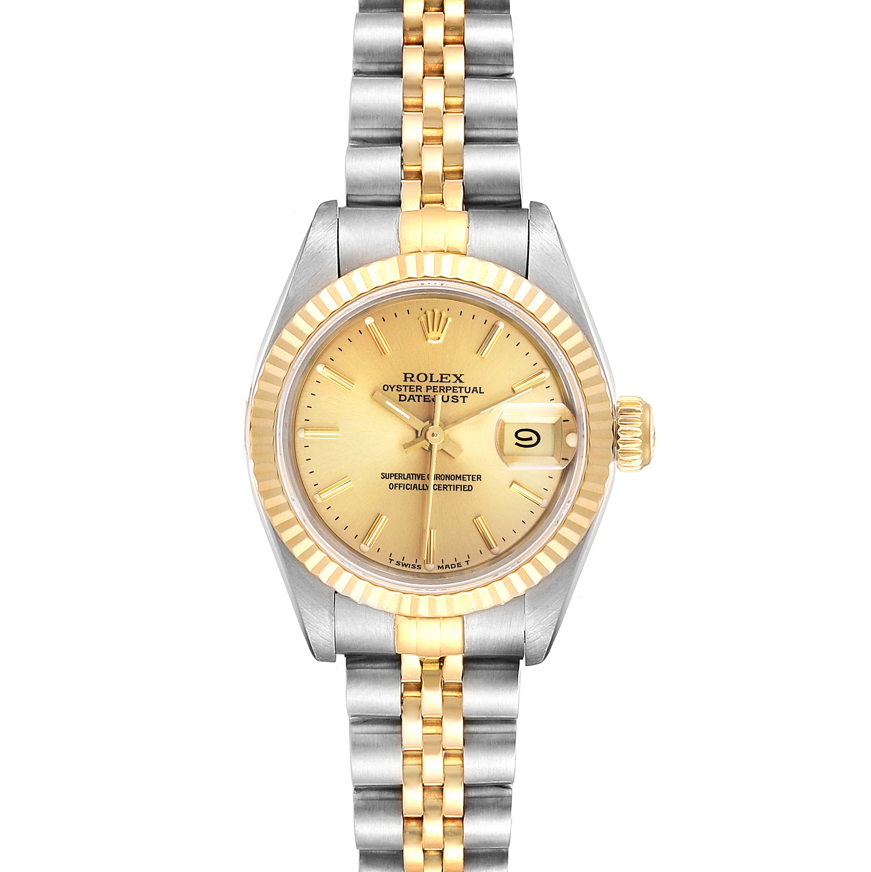 This is a front-facing image of a Rolex Datejust 69173 Women's Steel and Gold (two tone) Champagne Dial 69173 Women's Steel and Gold (two tone) Champagne Dial watch, showing the dial, bezel, crown, and two-tone bracelet.