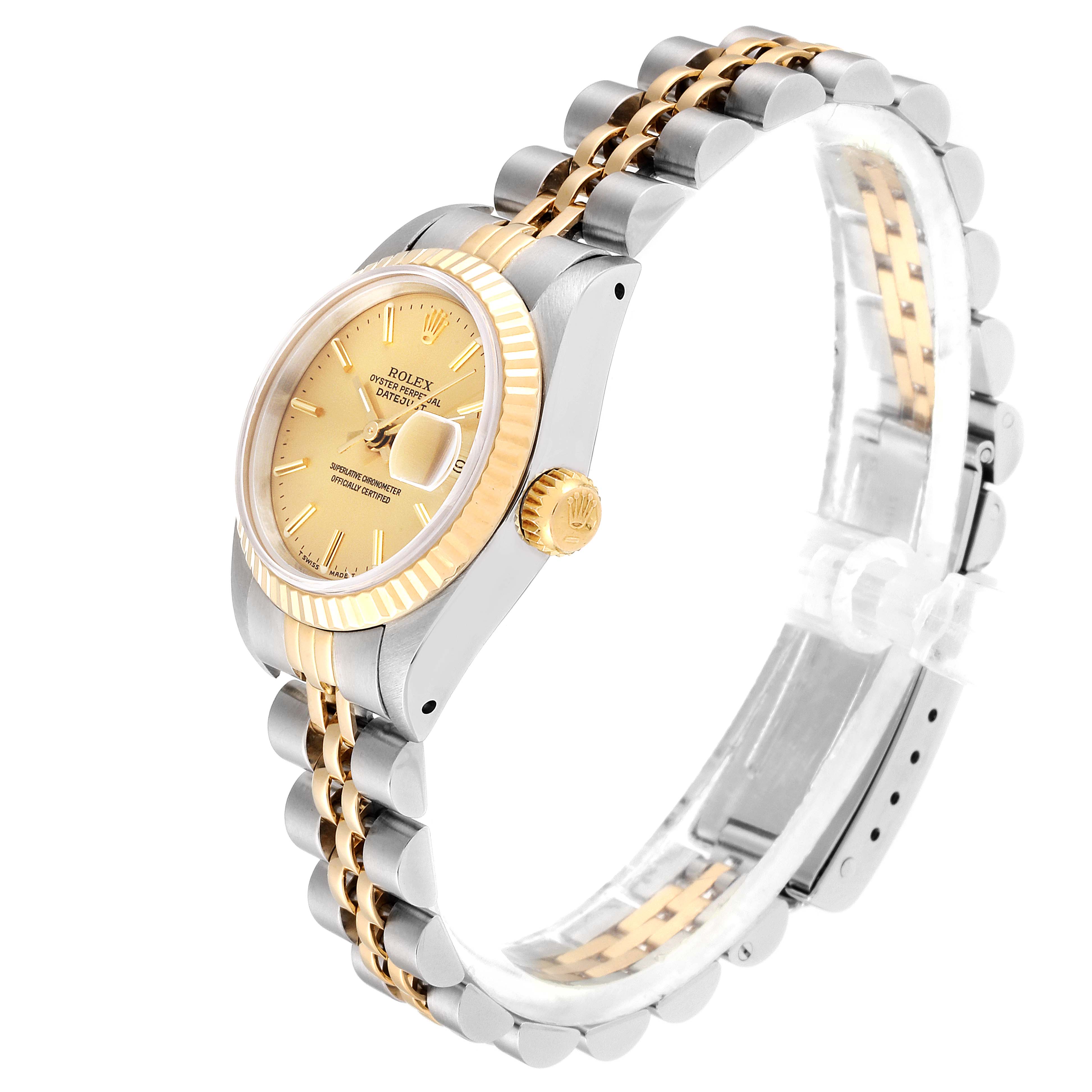 The image shows a side angle of a Rolex Datejust 69173 Women's Steel and Gold (two tone) Champagne Dial 69173 Women's Steel and Gold (two tone) Champagne Dial watch highlighting its gold and silver color scheme and iconic jubilee bracelet.