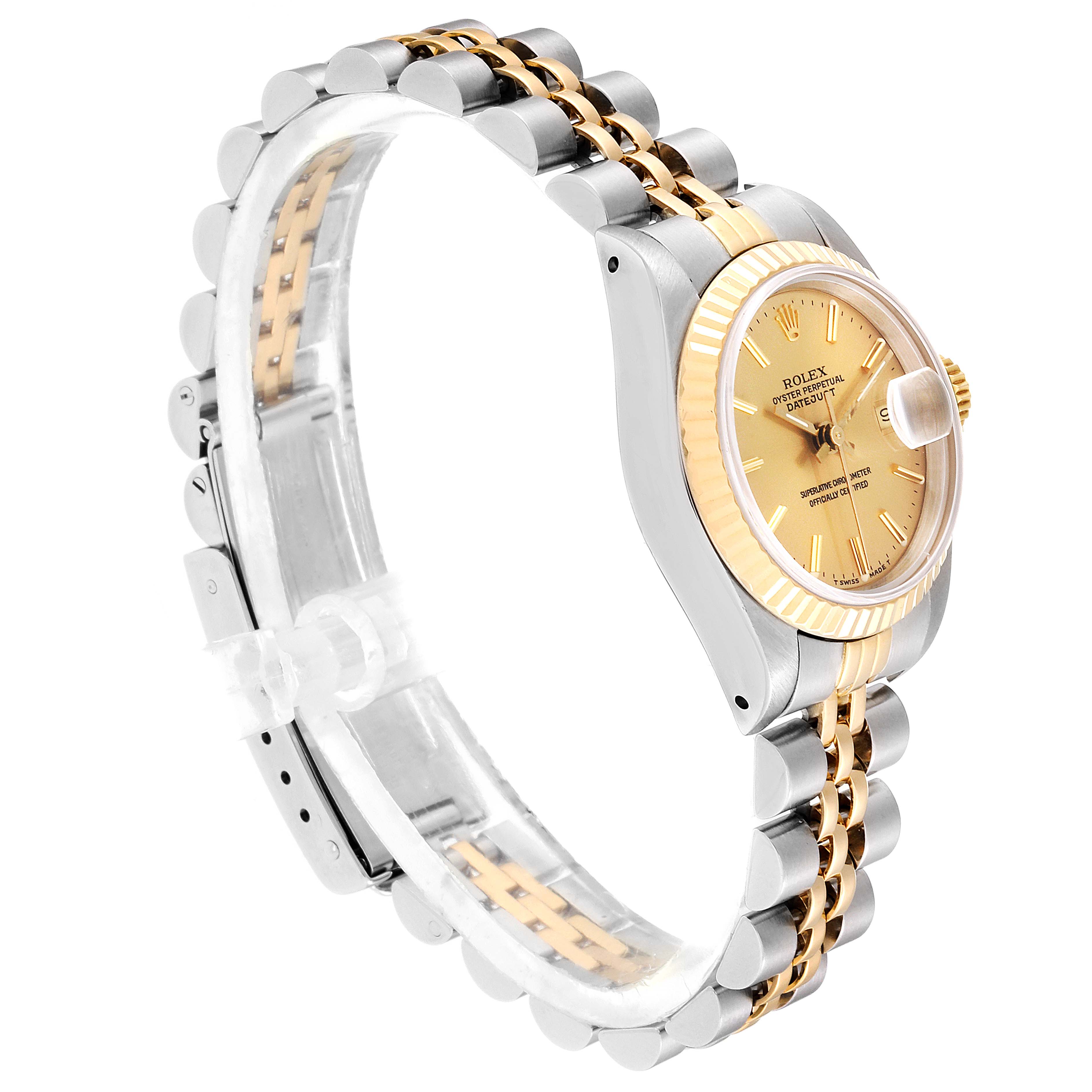 The image shows a side angle of a Rolex Datejust 69173 Women's Steel and Gold (two tone) Champagne Dial 69173 Women's Steel and Gold (two tone) Champagne Dial watch displaying the gold dial, fluted bezel, and two-tone bracelet.
