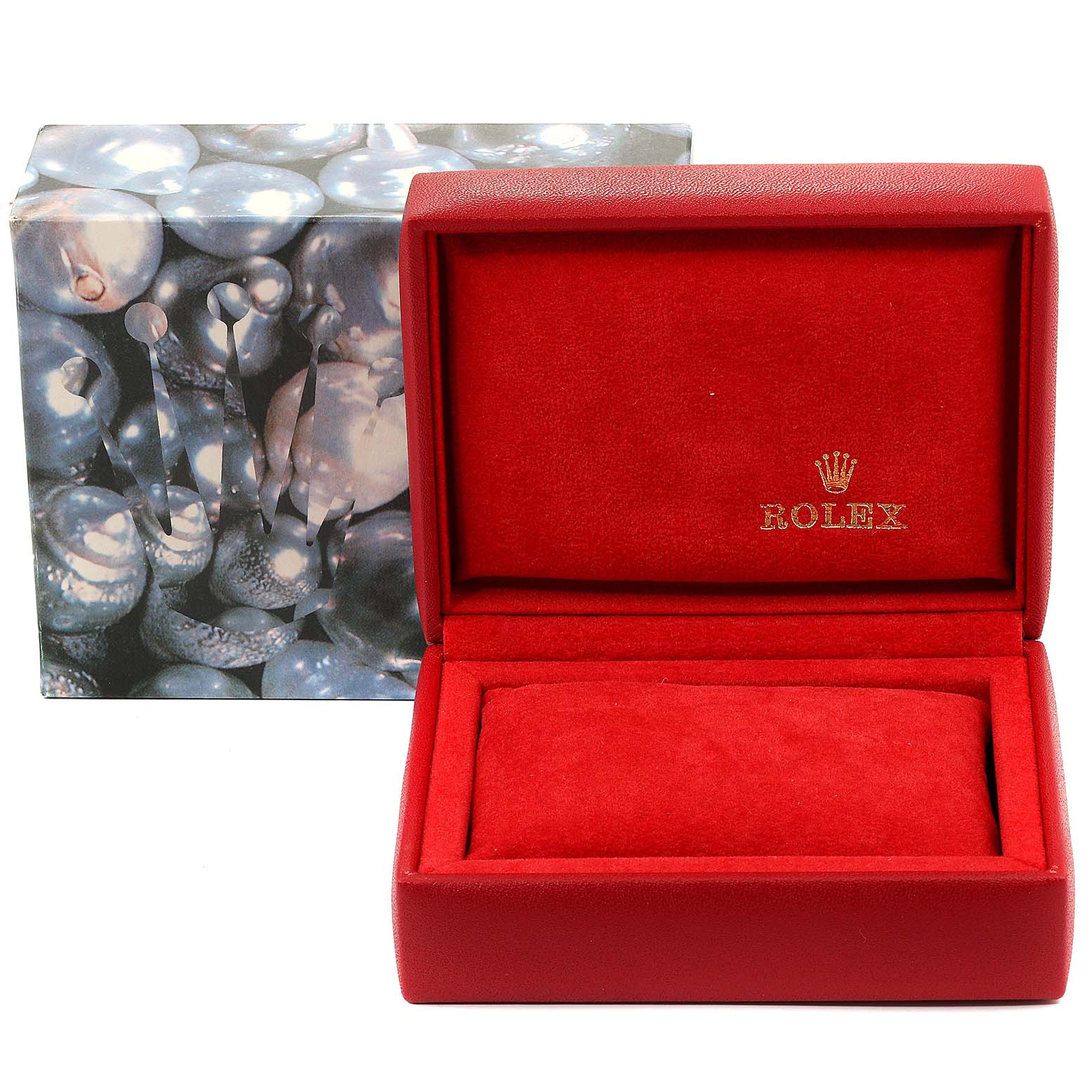 The image shows a red Rolex Datejust 69173 Women's Steel and Gold (two tone) Champagne Dial 69173 Women's Steel and Gold (two tone) Champagne Dial watch box, with the top open, revealing the interior cushion and logo.