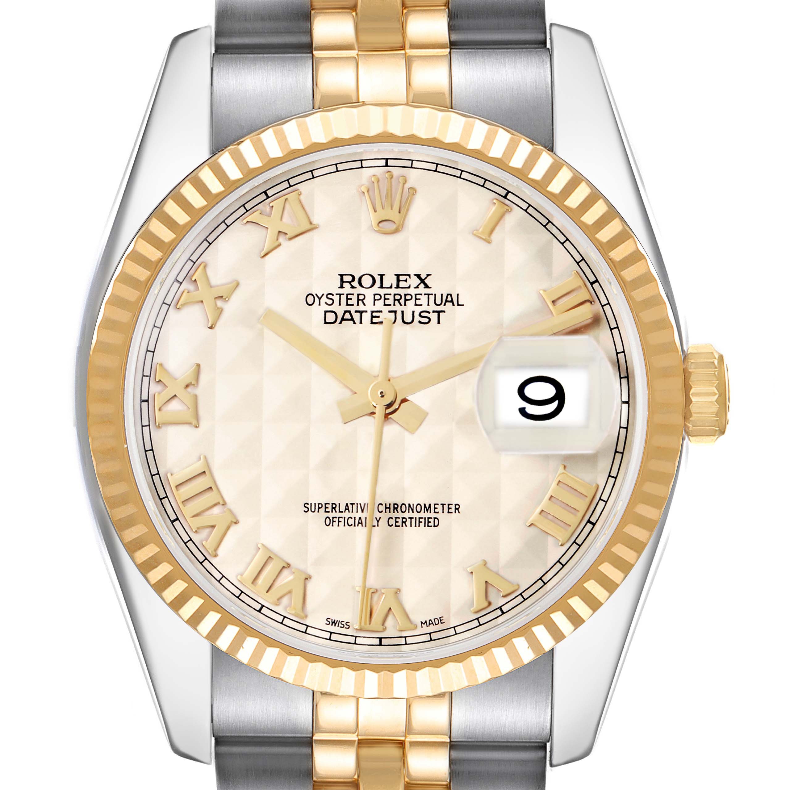 The Rolex Datejust 116233 watch is shown from the front, highlighting the dial, bezel, crown, and part of the bracelet in a close-up angle.