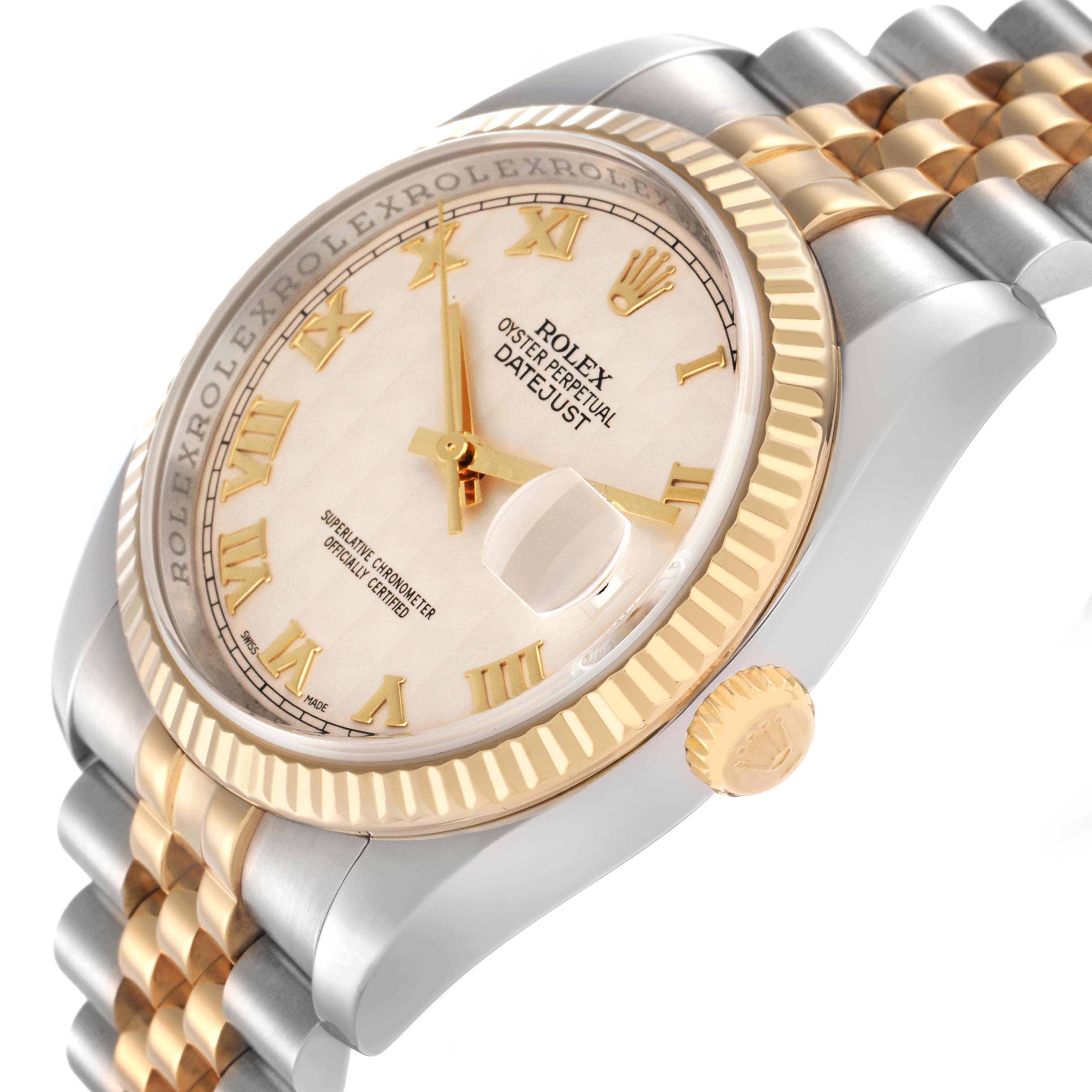 The Rolex Datejust model 116233 is shown at an angled view highlighting the gold fluted bezel, Roman numeral dial, and two-tone Jubilee bracelet.