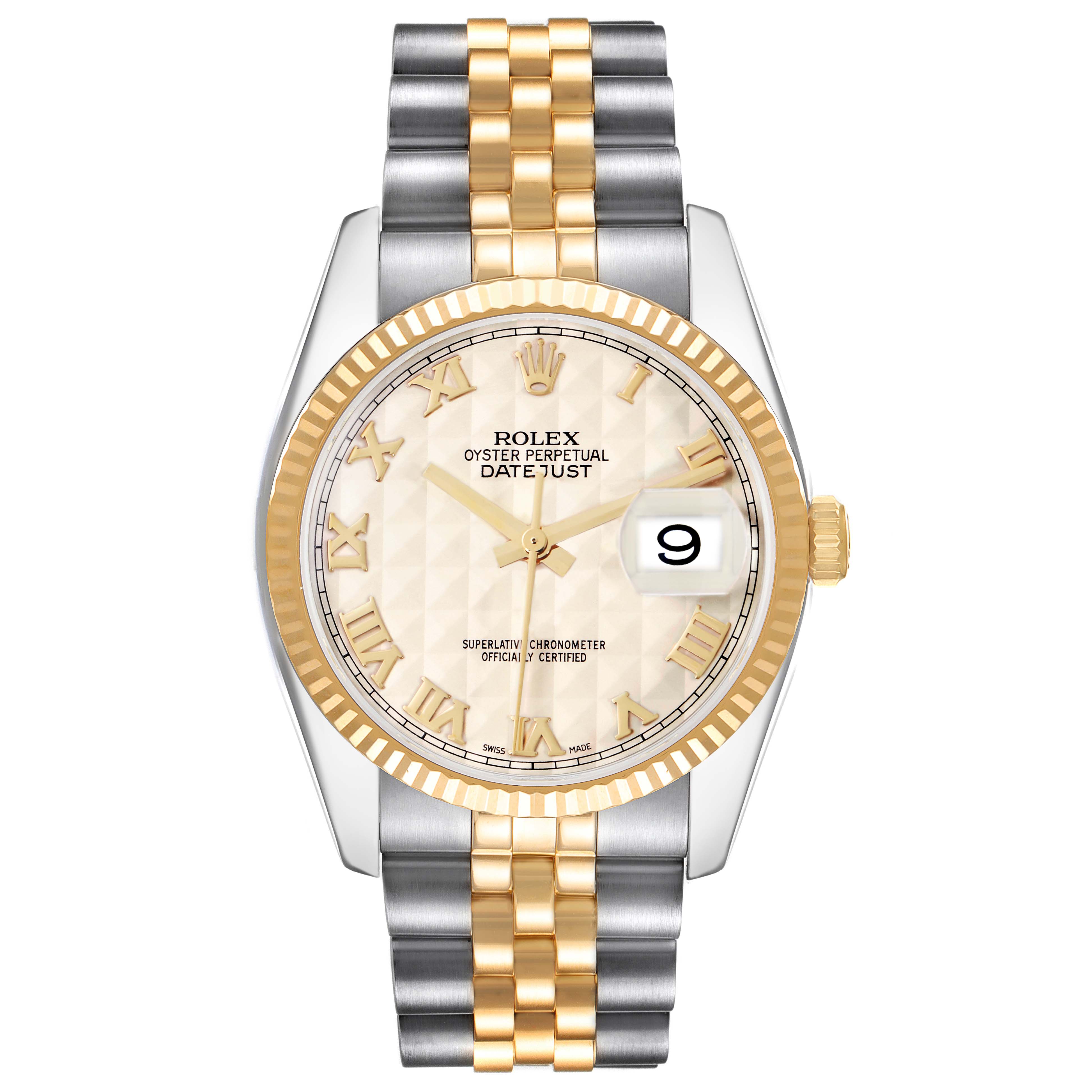 The Rolex Datejust model 116233 is shown from a front angle, highlighting its gold and silver bracelet, fluted bezel, and a date window at 3 o
clock.