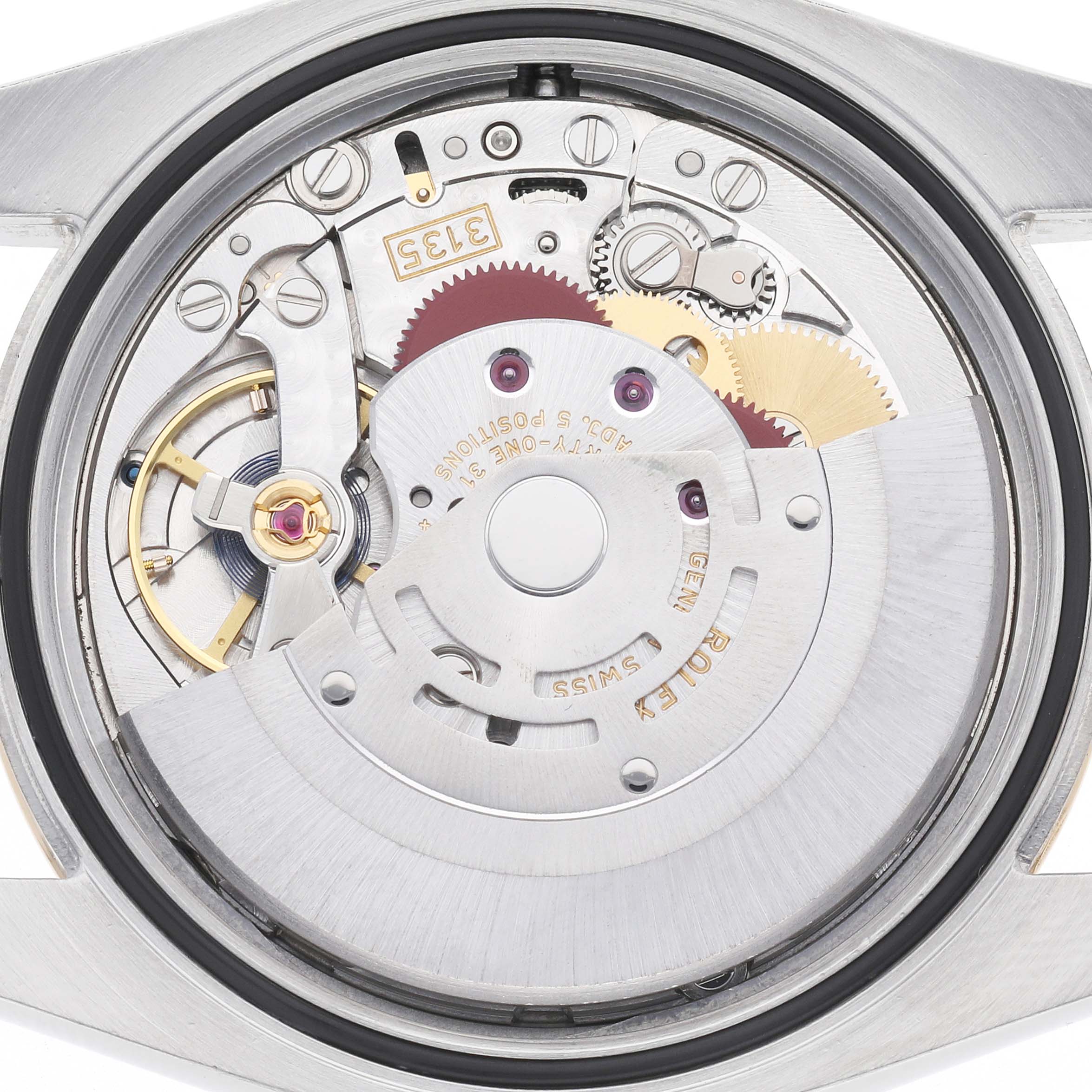 The image shows the movement of a Rolex Datejust model 116233 men
s watch, viewed from the back, displaying gears and intricate mechanics.