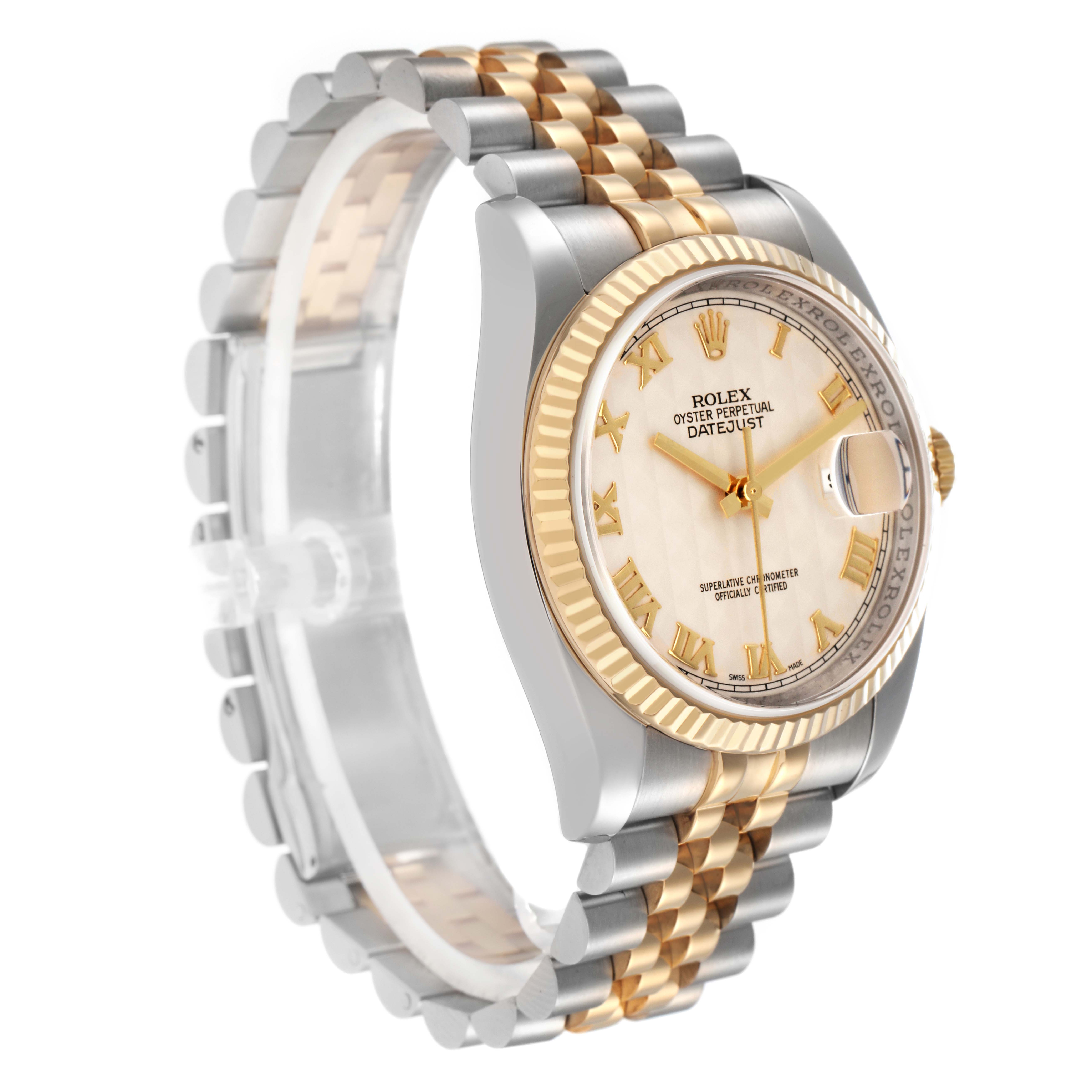 The Rolex Datejust model 116233 men
s watch is shown at a three-quarter angle, highlighting the two-tone jubilee bracelet, fluted bezel, and gold Roman numeral dial.