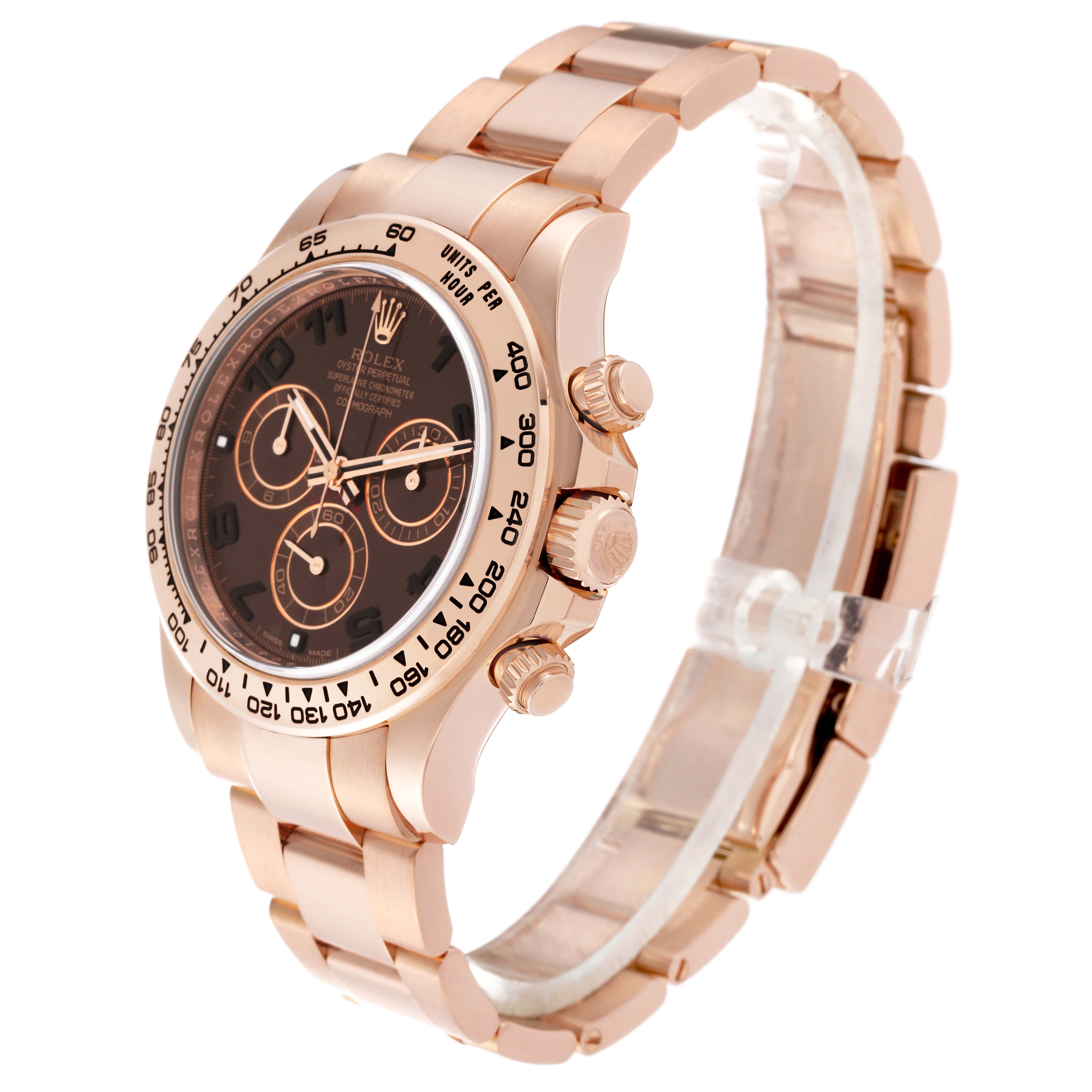 The image shows a side view of a Rolex Daytona 116505 Men's Rose Gold Brown Dial 116505 Men's Rose Gold Brown Dial watch, highlighting the case, bezel, crown, pushers, bracelet, and dial.