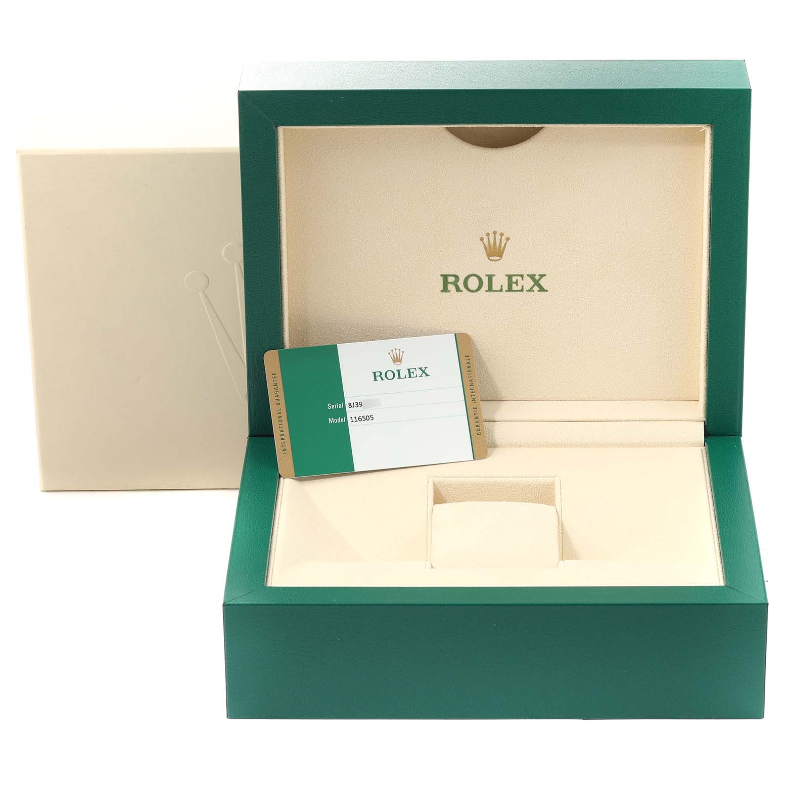 The image depicts the box and warranty card for the Daytona model by Rolex, with the box opened and the card displayed inside.