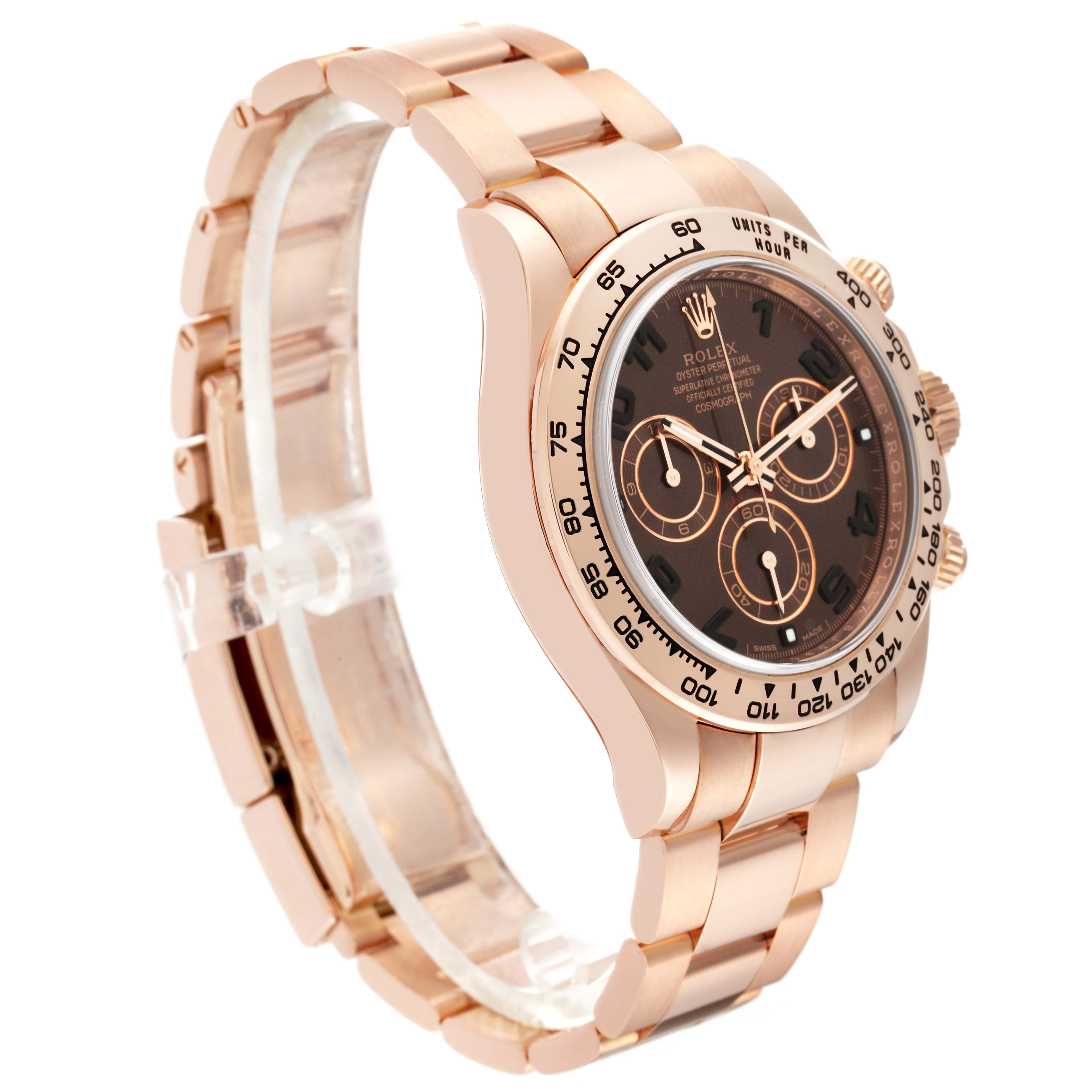 This image shows a side view of the Rolex Daytona 116505 Men's Rose Gold Brown Dial 116505 Men's Rose Gold Brown Dial watch, highlighting the bracelet, case, and dial.