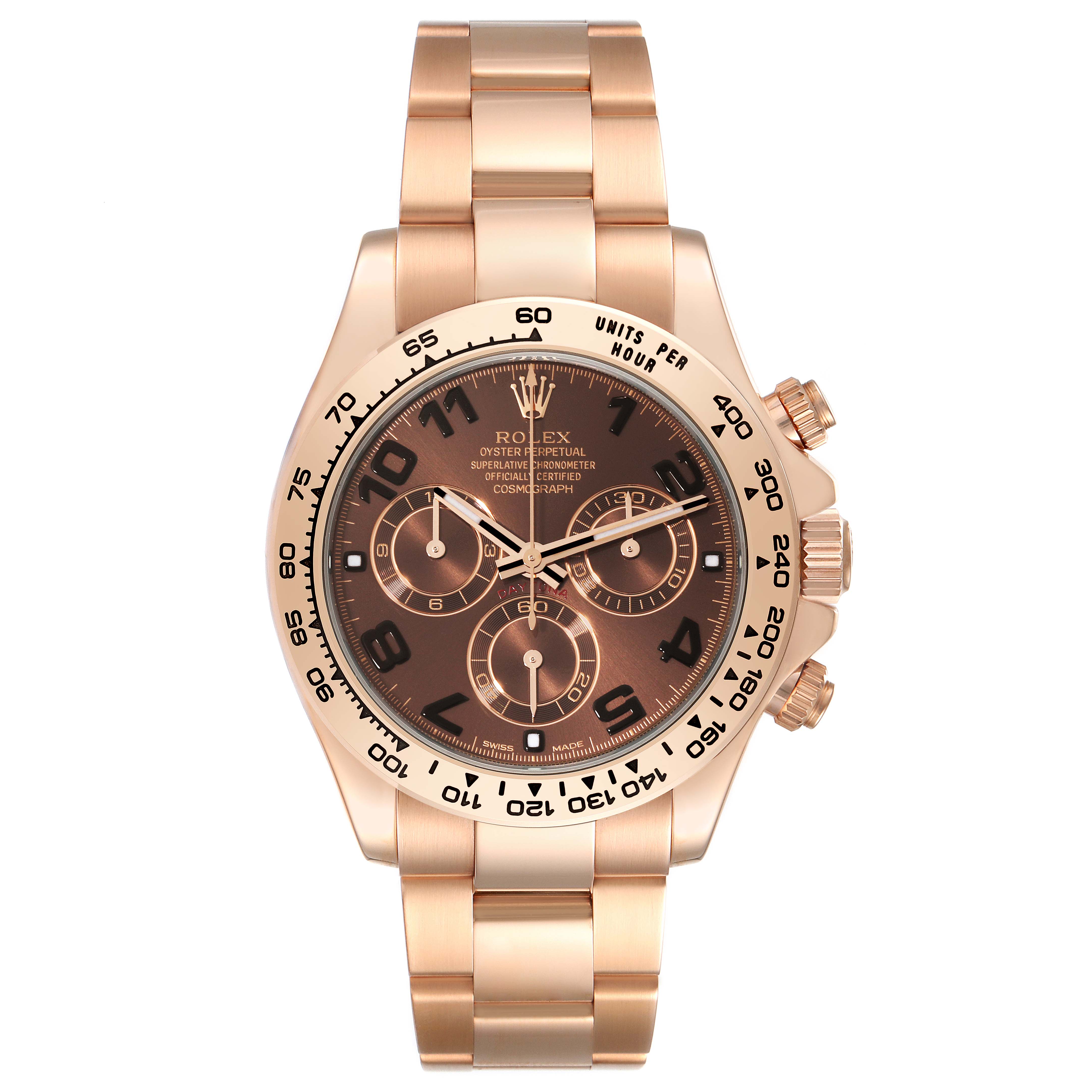 The image shows a front view of a Rolex Daytona 116505 Men's Rose Gold Brown Dial 116505 Men's Rose Gold Brown Dial watch, highlighting the dial, bezel, and bracelet.