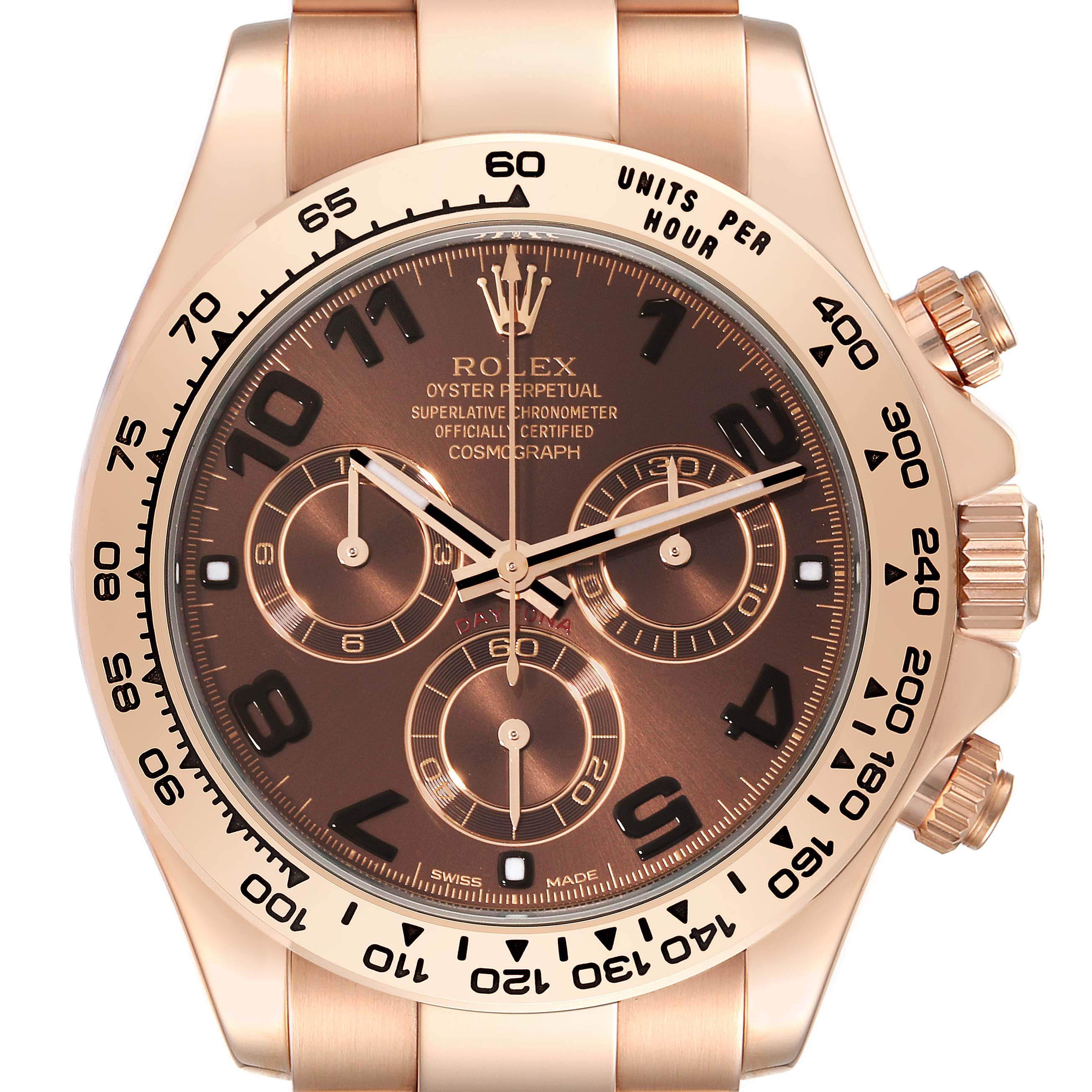The image shows a frontal view of the Rolex Daytona 116505 Men's Rose Gold Brown Dial 116505 Men's Rose Gold Brown Dial watch, highlighting its face, bezel, and chronograph subdials.