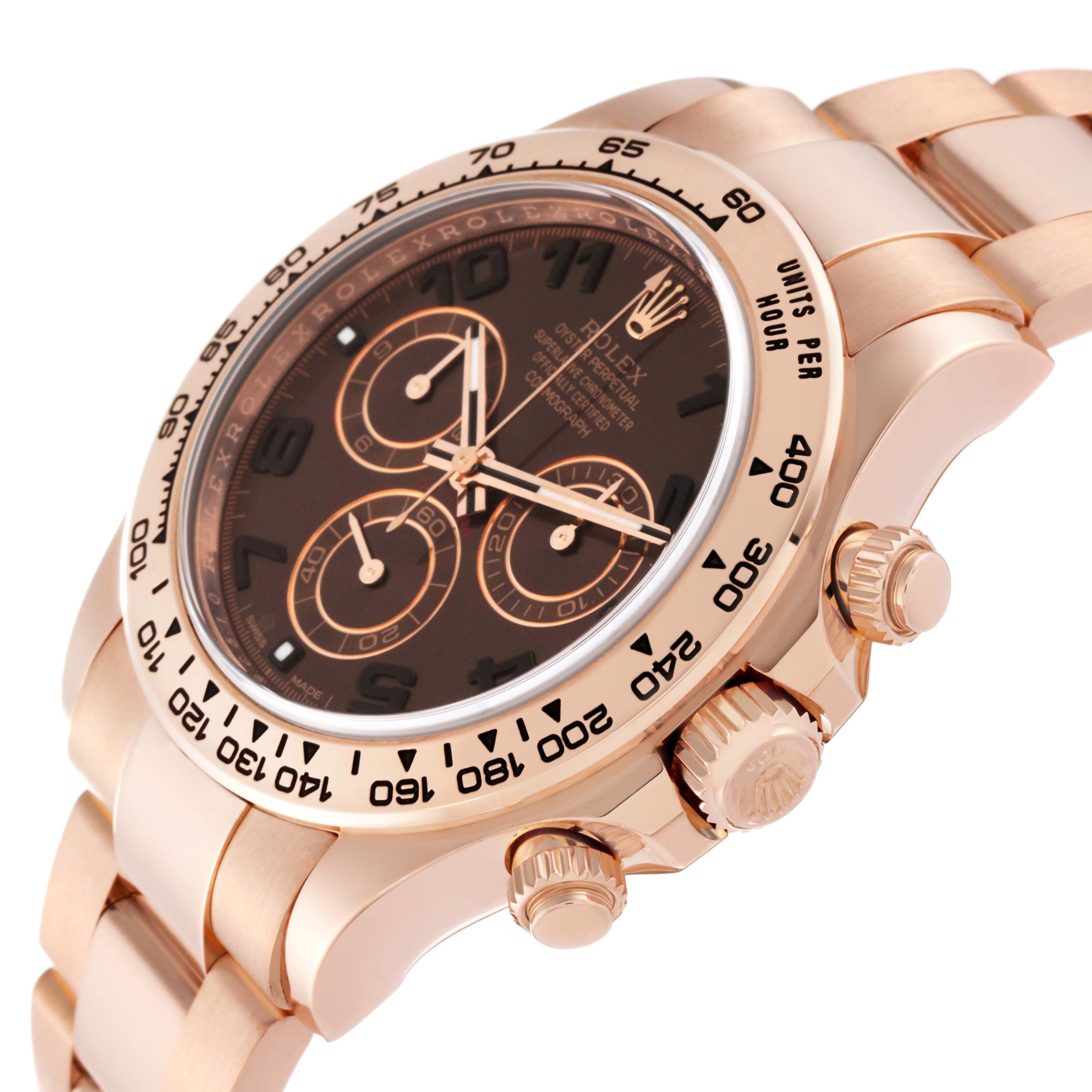 This image shows a Rolex Daytona 116505 Men's Rose Gold Brown Dial 116505 Men's Rose Gold Brown Dial watch from an angle highlighting the face, bezel, pushers, and bracelet in rose gold.
