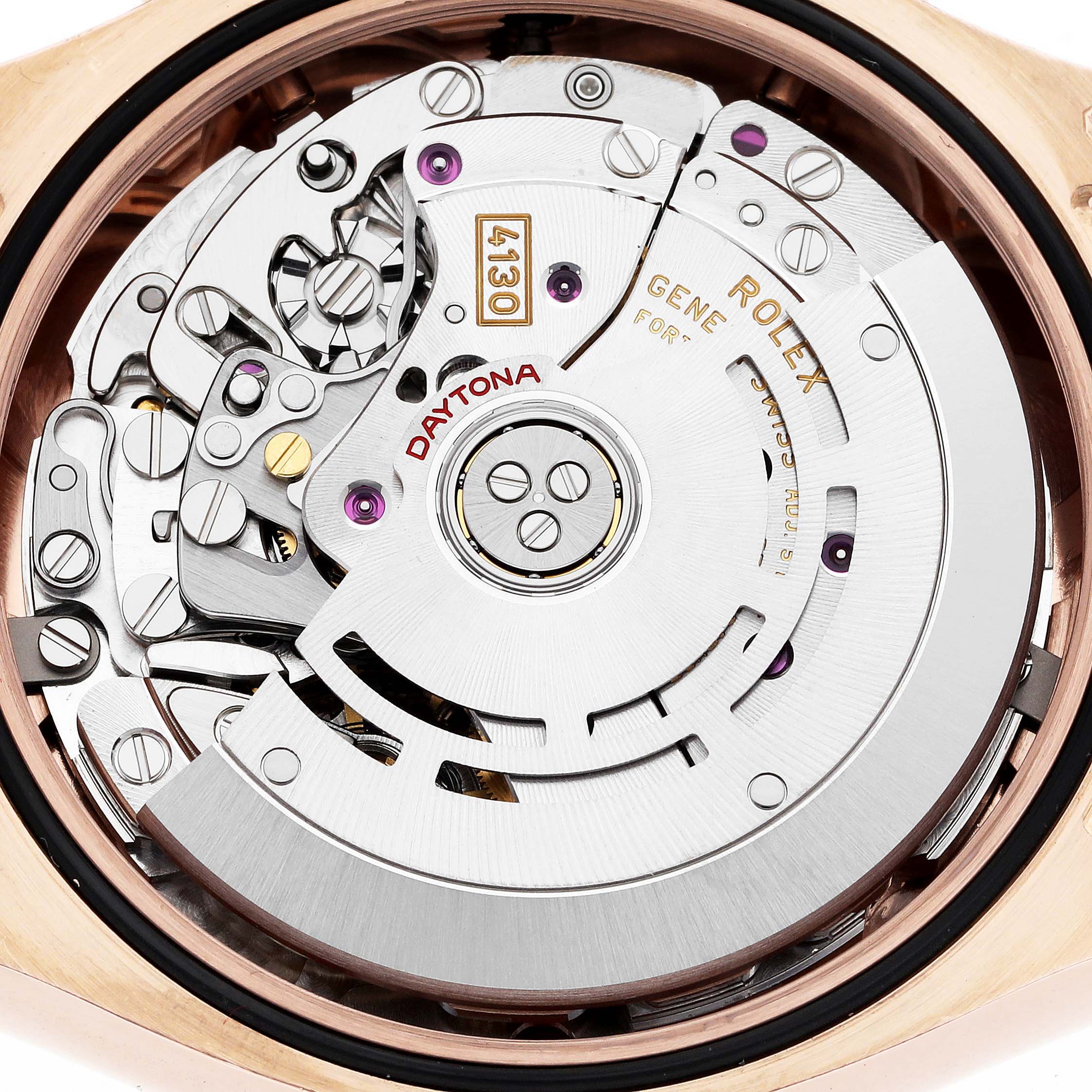 This image shows the intricate movement mechanism of a Rolex Daytona 116505 Men's Rose Gold Brown Dial 116505 Men's Rose Gold Brown Dial watch from a close-up, top-down angle.