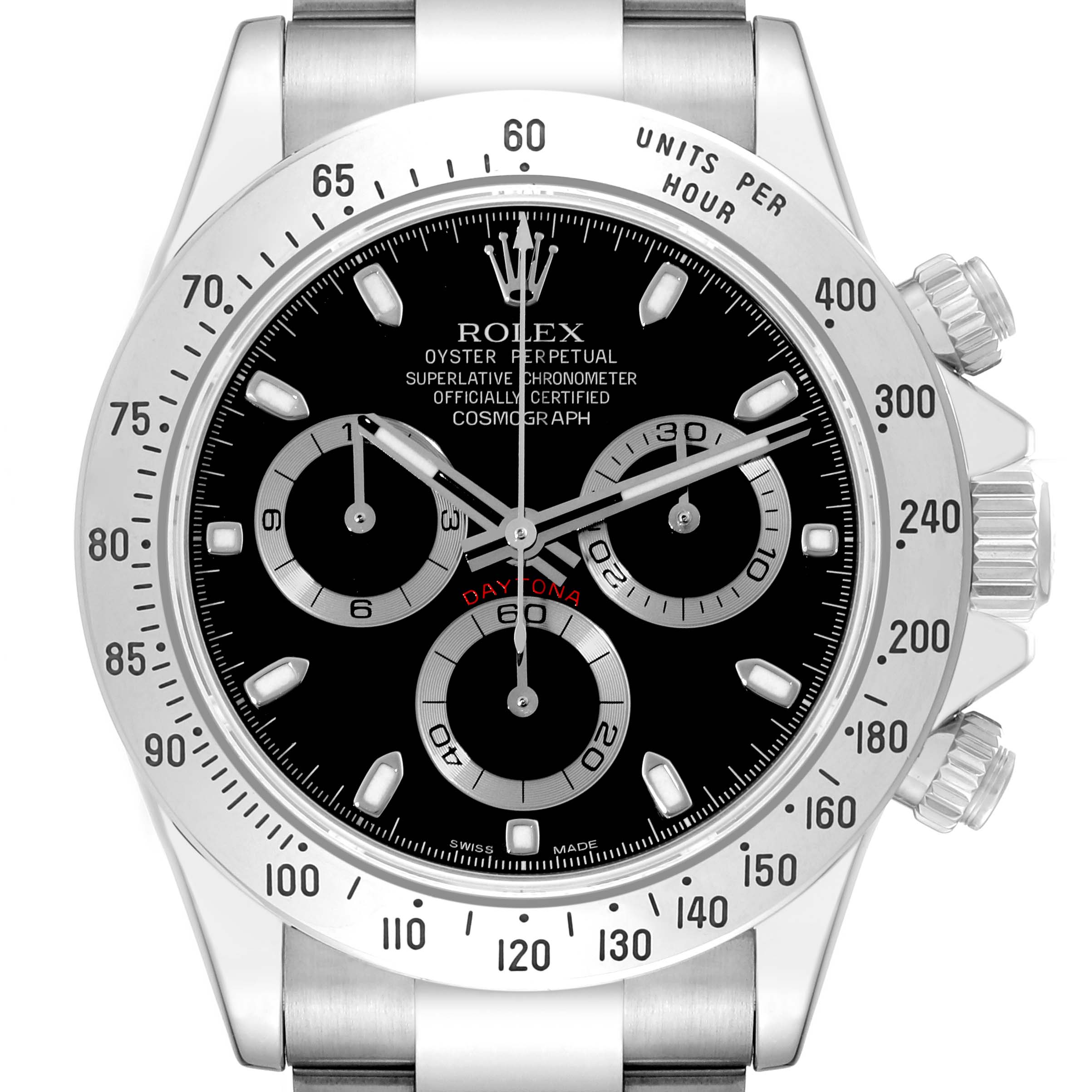 The image shows a front angle of the Rolex Daytona 116520 Men's Stainless Steel Black Dial 116520 Men's Stainless Steel Black Dial watch, highlighting its black dial, chronograph sub-dials, and stainless steel bracelet.