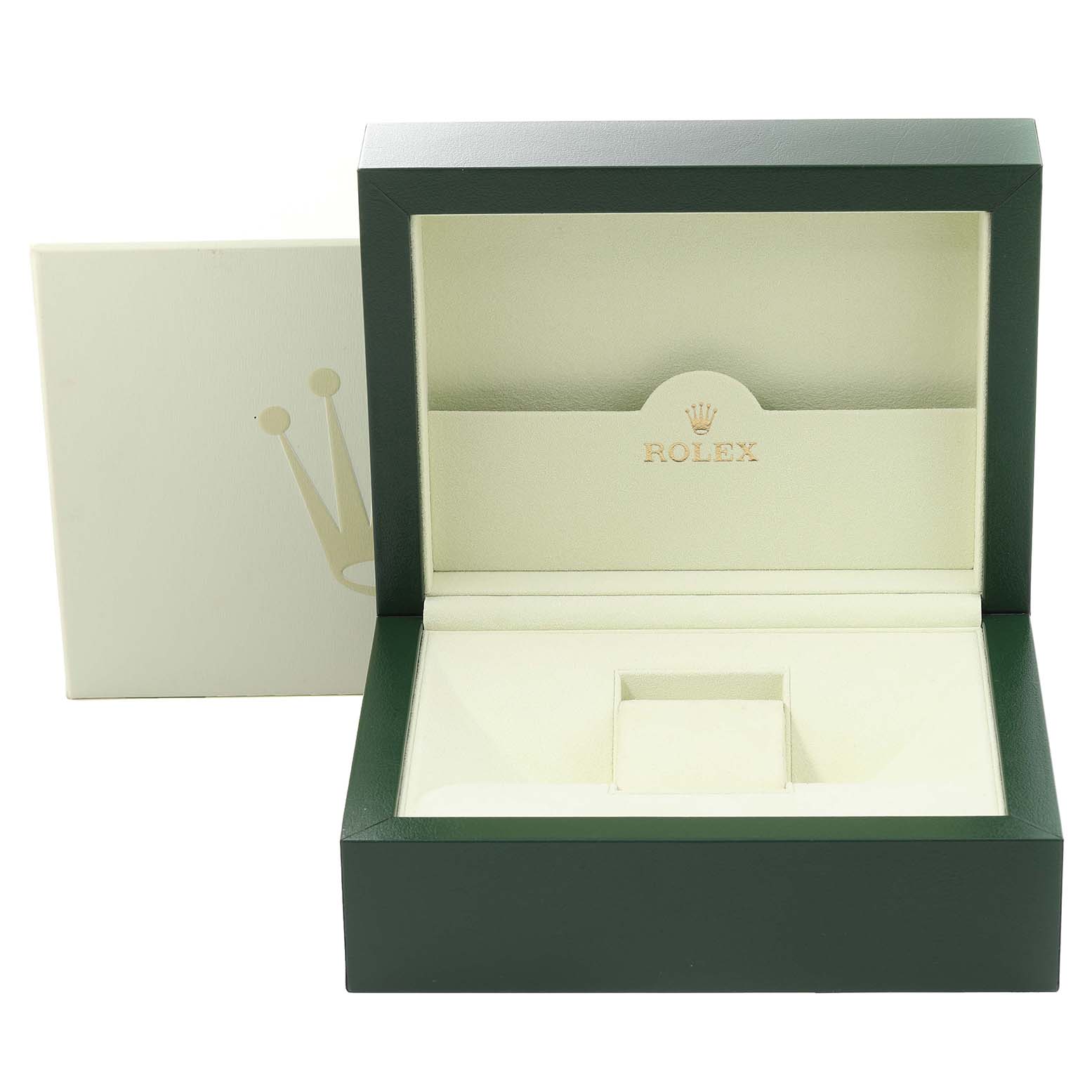 This image shows an open Rolex watch box, likely intended for the Daytona model, with its interior and exterior visible.