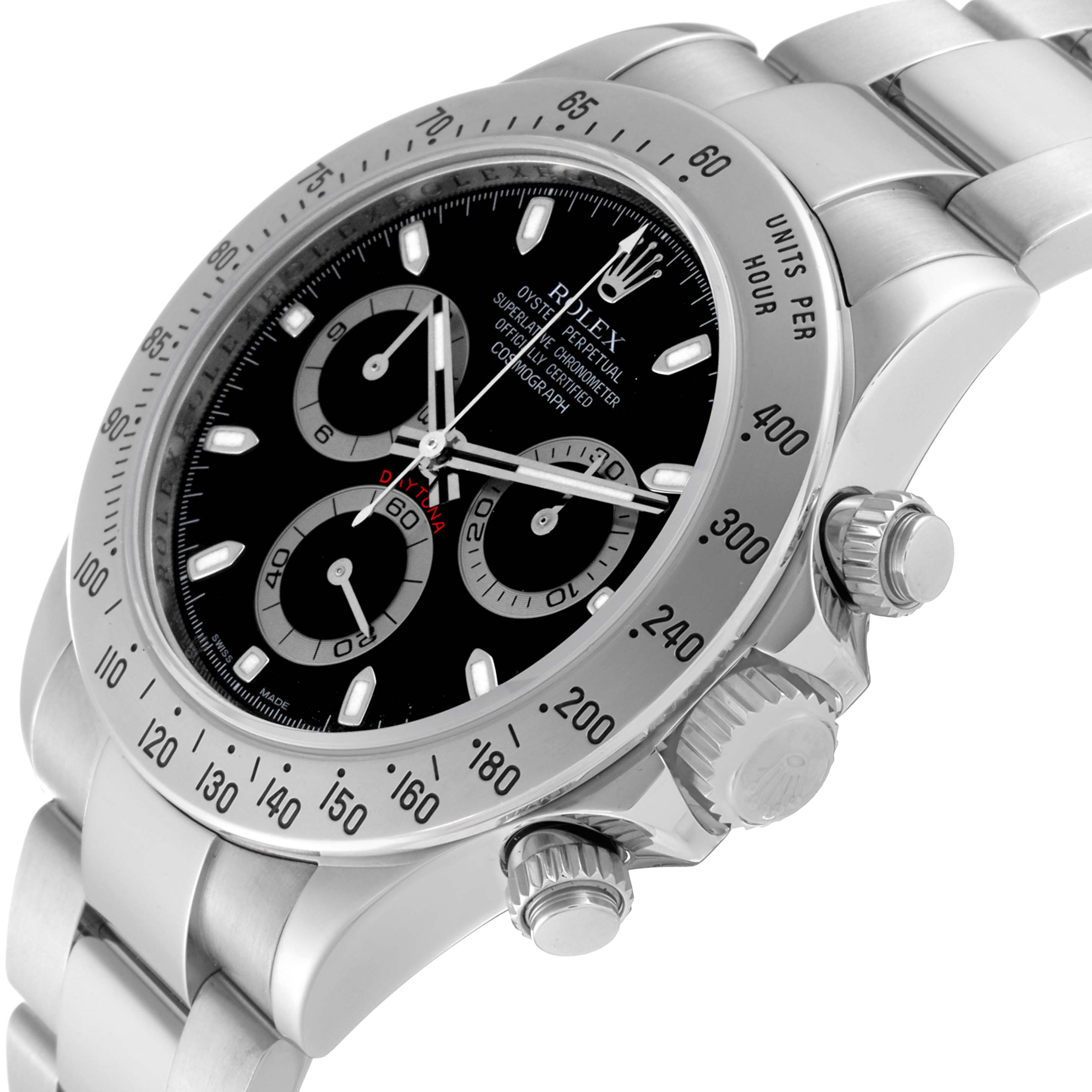 The image shows a side view of a Rolex Daytona 116520 Men's Stainless Steel Black Dial 116520 Men's Stainless Steel Black Dial watch, highlighting the dial, bezel, crown, and pushers.