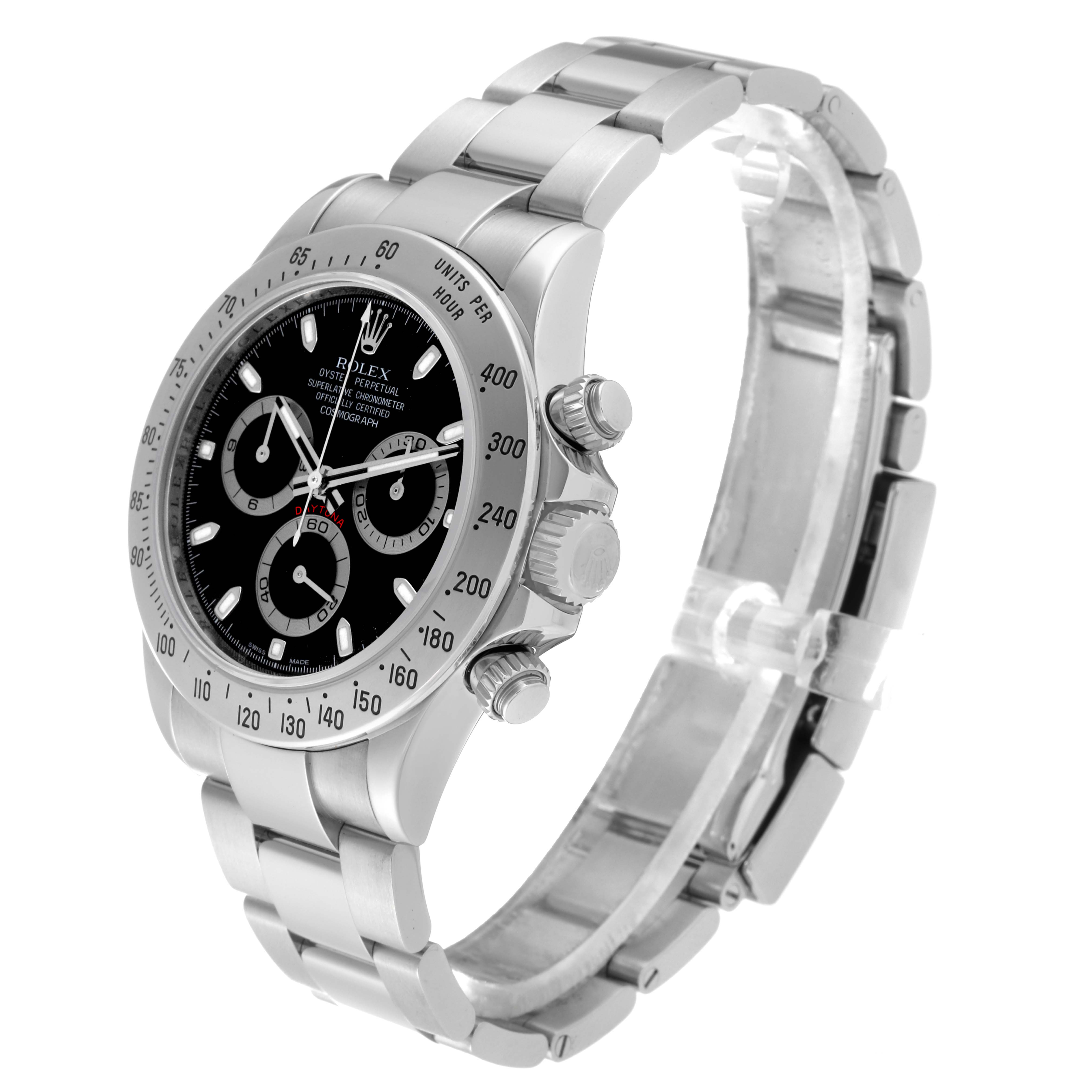 The Rolex Daytona 116520 Men's Stainless Steel Black Dial 116520 Men's Stainless Steel Black Dial watch is shown at a three-quarter angle focusing on the face, bezel, crown, and bracelet.