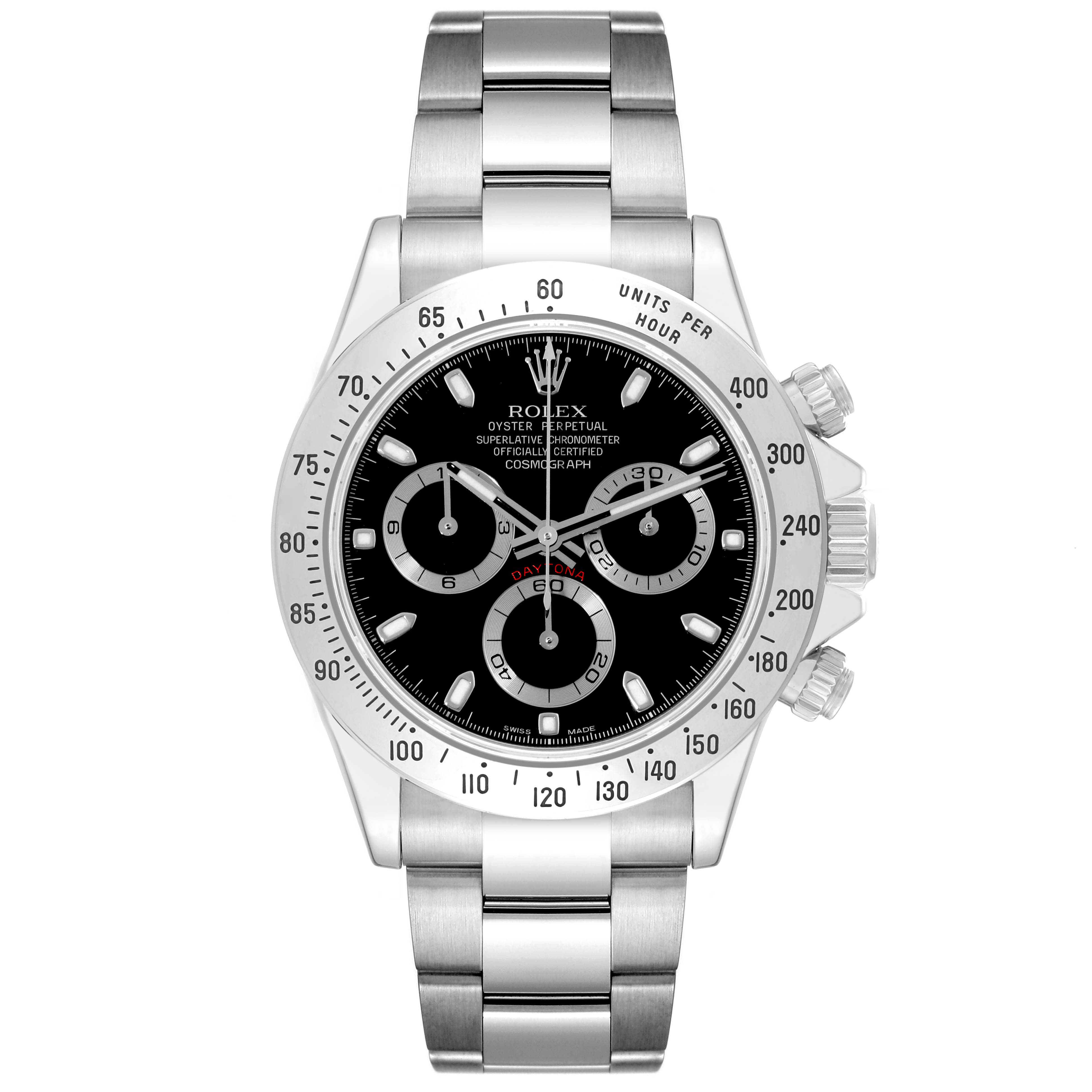 This image shows a front view of a Rolex Daytona 116520 Men's Stainless Steel Black Dial 116520 Men's Stainless Steel Black Dial watch, detailing the black dial, bezel, pushers, and stainless steel bracelet.
