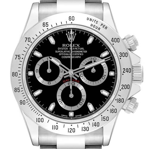 This image shows the front view of a Rolex Daytona watch, displaying the dial, bezel, and chronograph sub-dials.