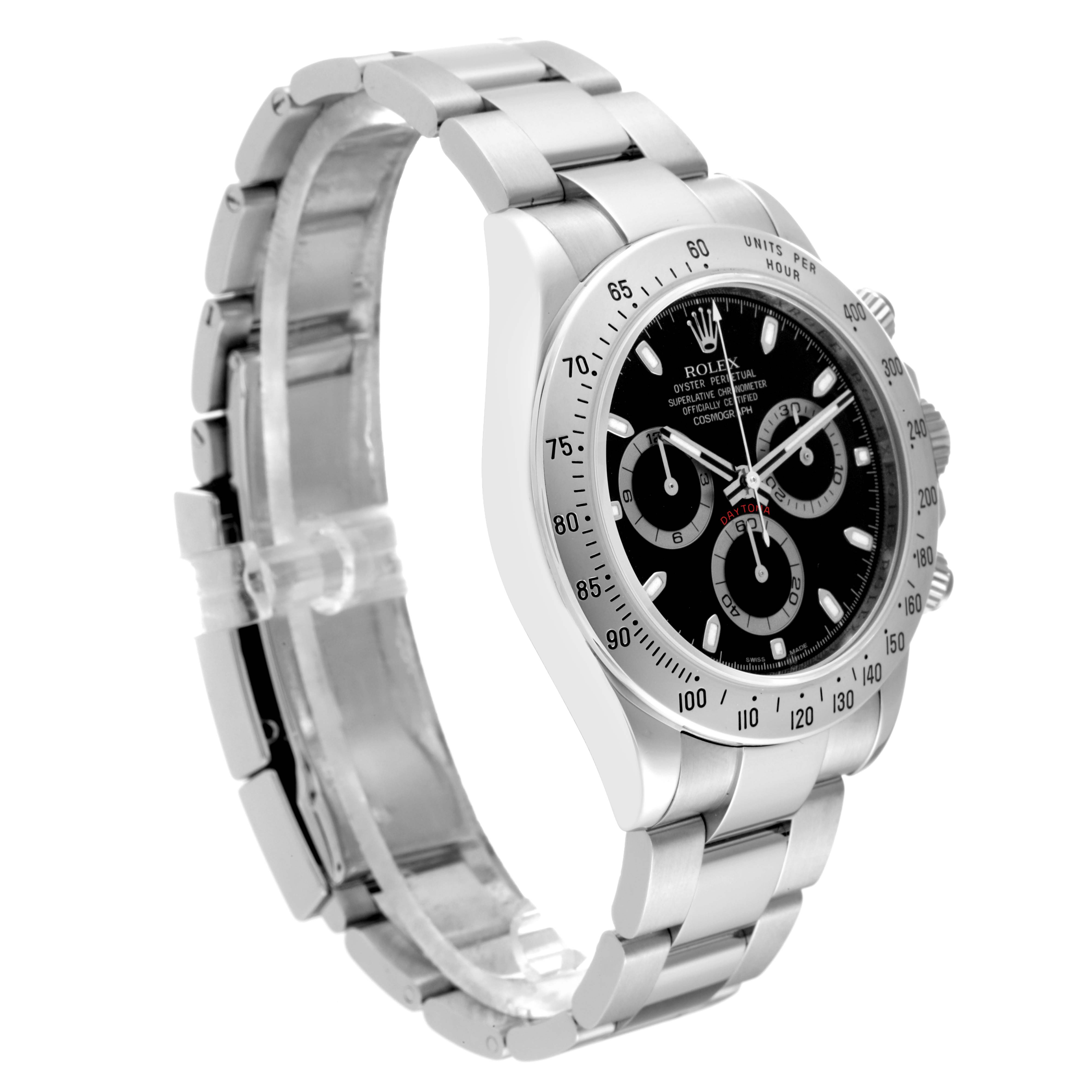 The image shows a Rolex Daytona 116520 Men's Stainless Steel Black Dial 116520 Men's Stainless Steel Black Dial watch with a side view angle, displaying its black dial, bezel, and stainless steel bracelet.