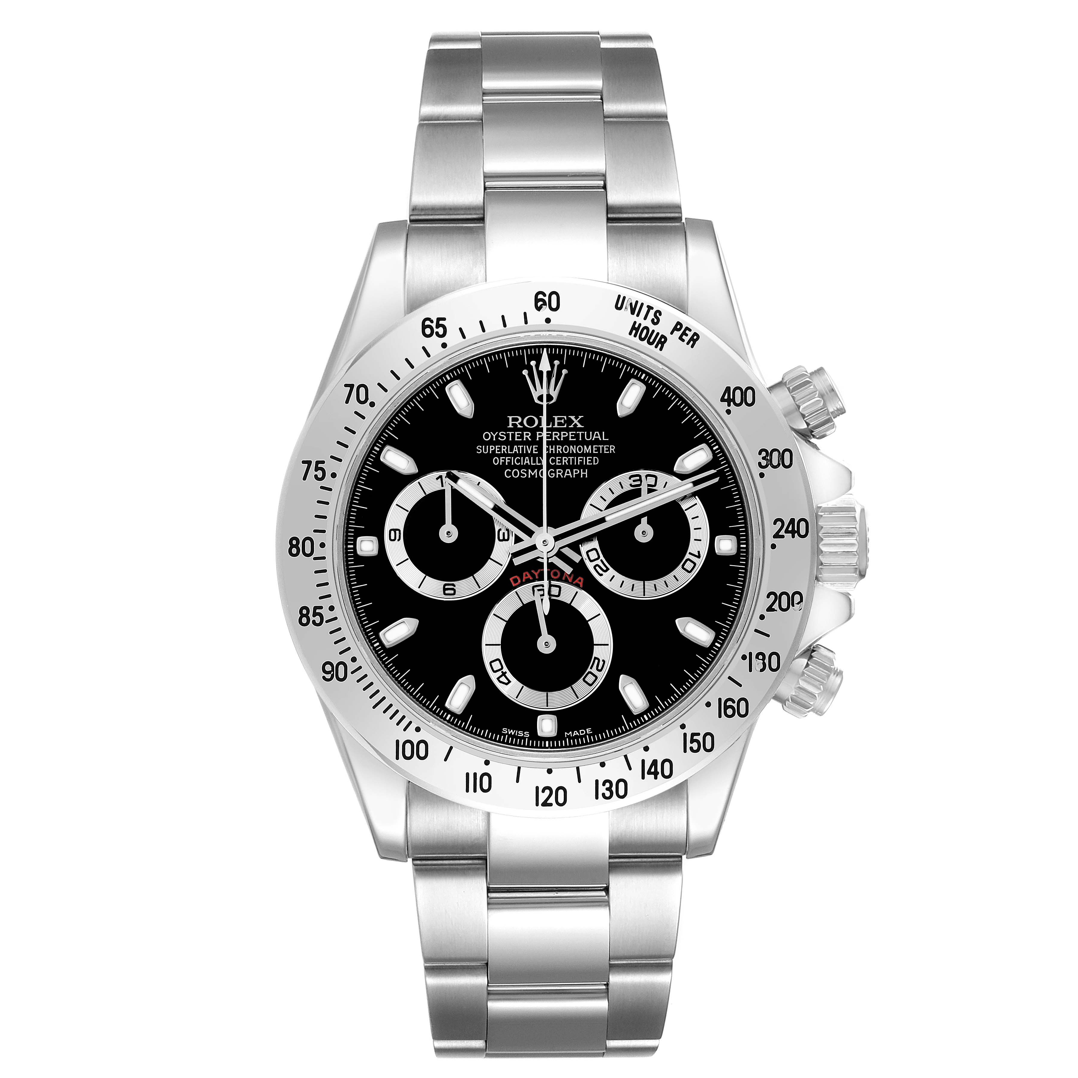 The image shows a front view of a Rolex Daytona 116520 Men's Stainless Steel Black Dial 116520 Men's Stainless Steel Black Dial watch, highlighting its face, bezel, and stainless steel bracelet.