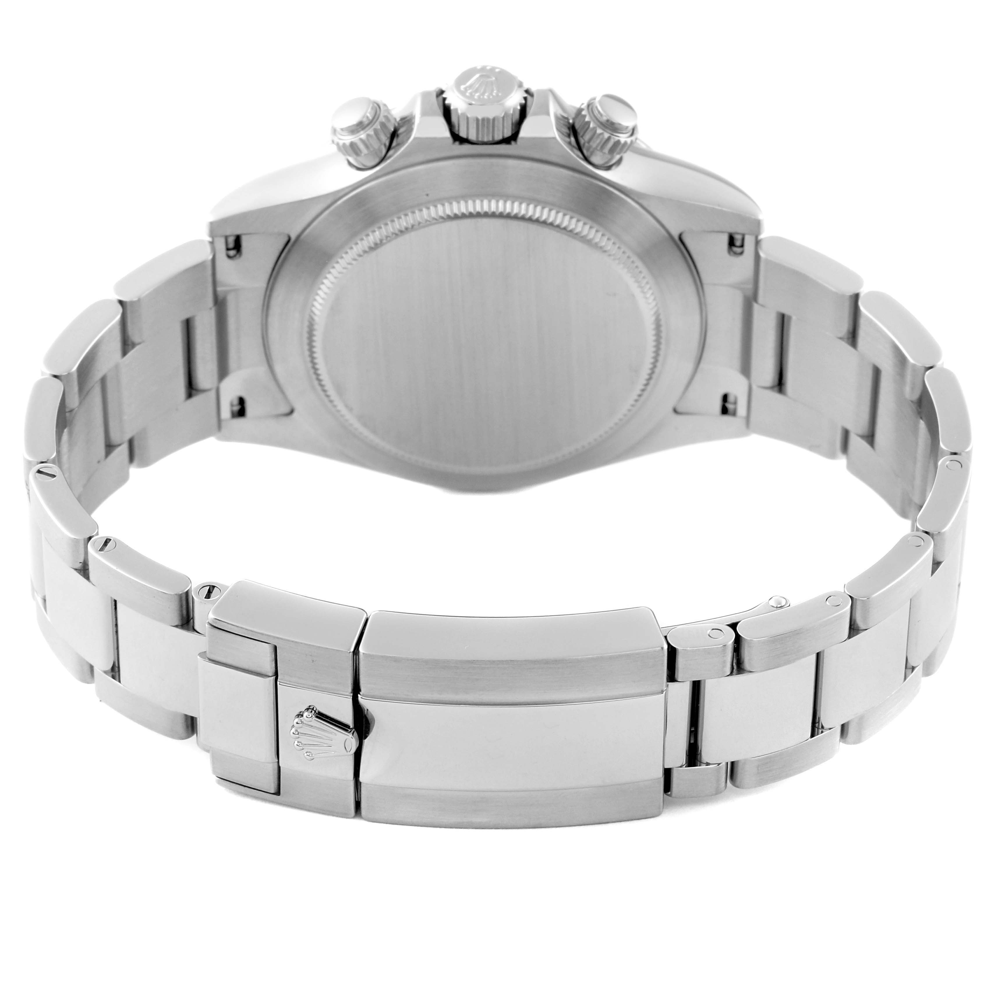 The image shows the back of the Rolex Daytona 116520 Men's Stainless Steel Black Dial 116520 Men's Stainless Steel Black Dial watch, focusing on the case back, clasp, and bracelet.