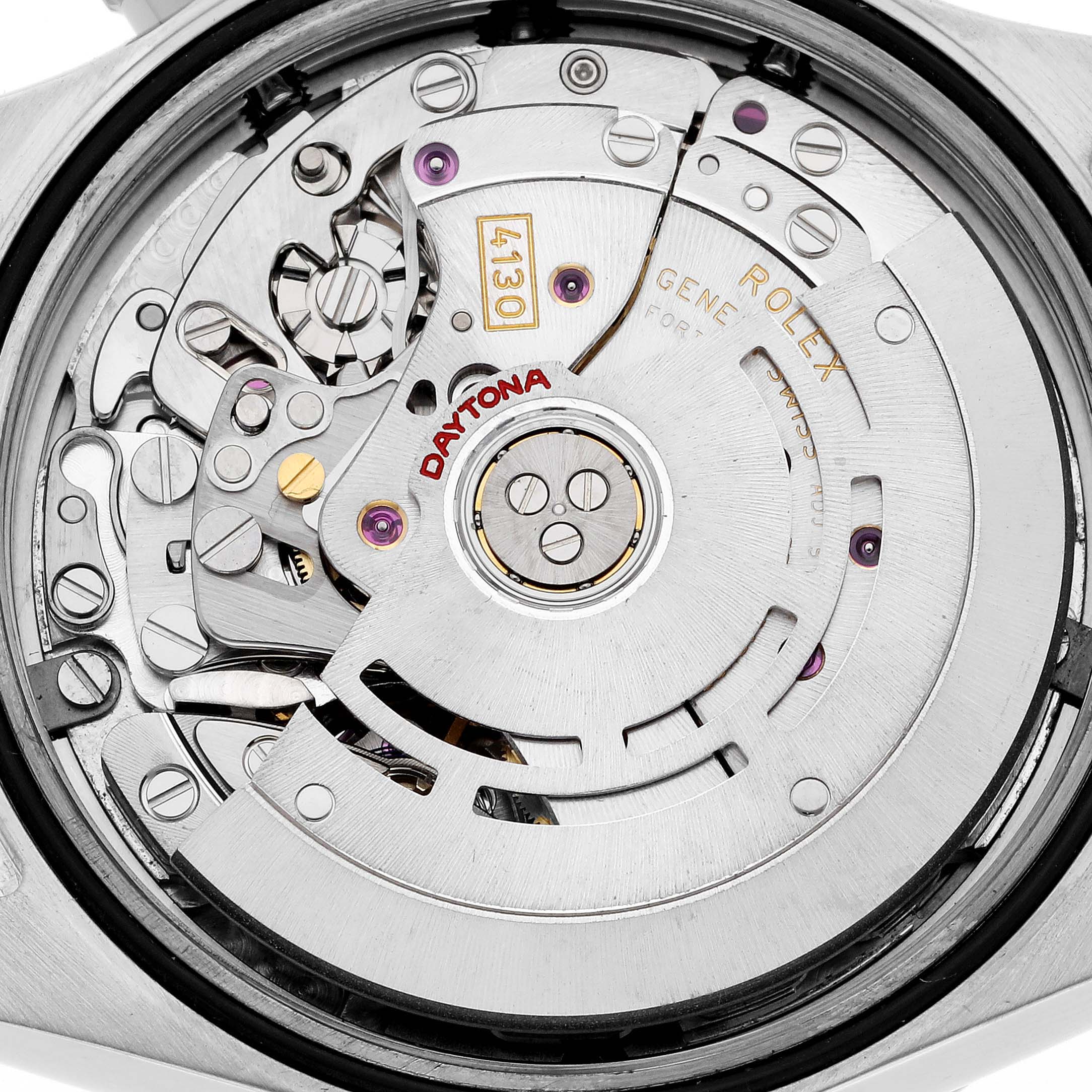 The image shows the movement and inner mechanics of a Rolex Daytona 116520 Men's Stainless Steel Black Dial 116520 Men's Stainless Steel Black Dial watch from a close-up, back casing angle.