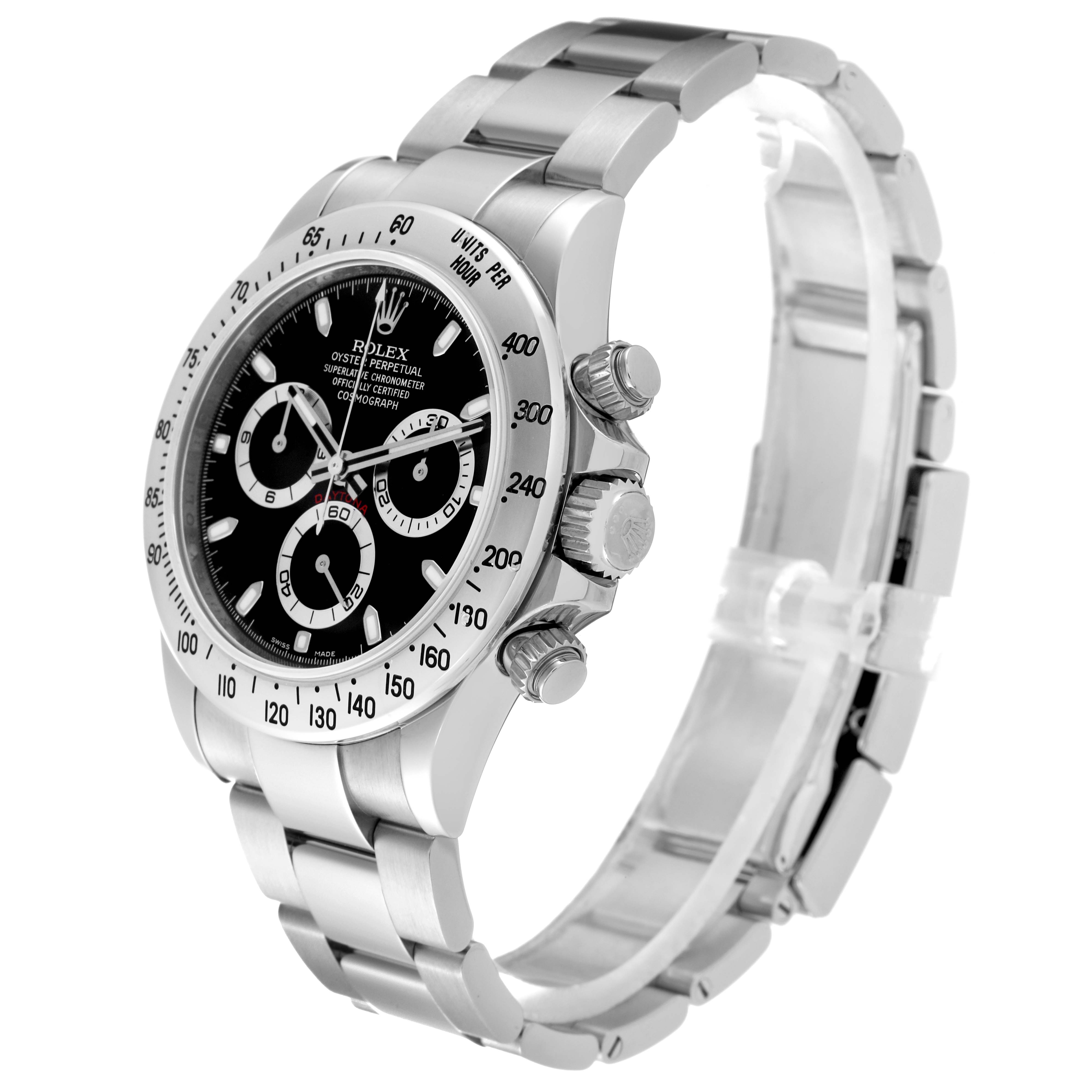 The image shows a Rolex Daytona 116520 Men's Stainless Steel Black Dial 116520 Men's Stainless Steel Black Dial watch at a three-quarter angle, highlighting the bezel, dial, pushers, and bracelet.