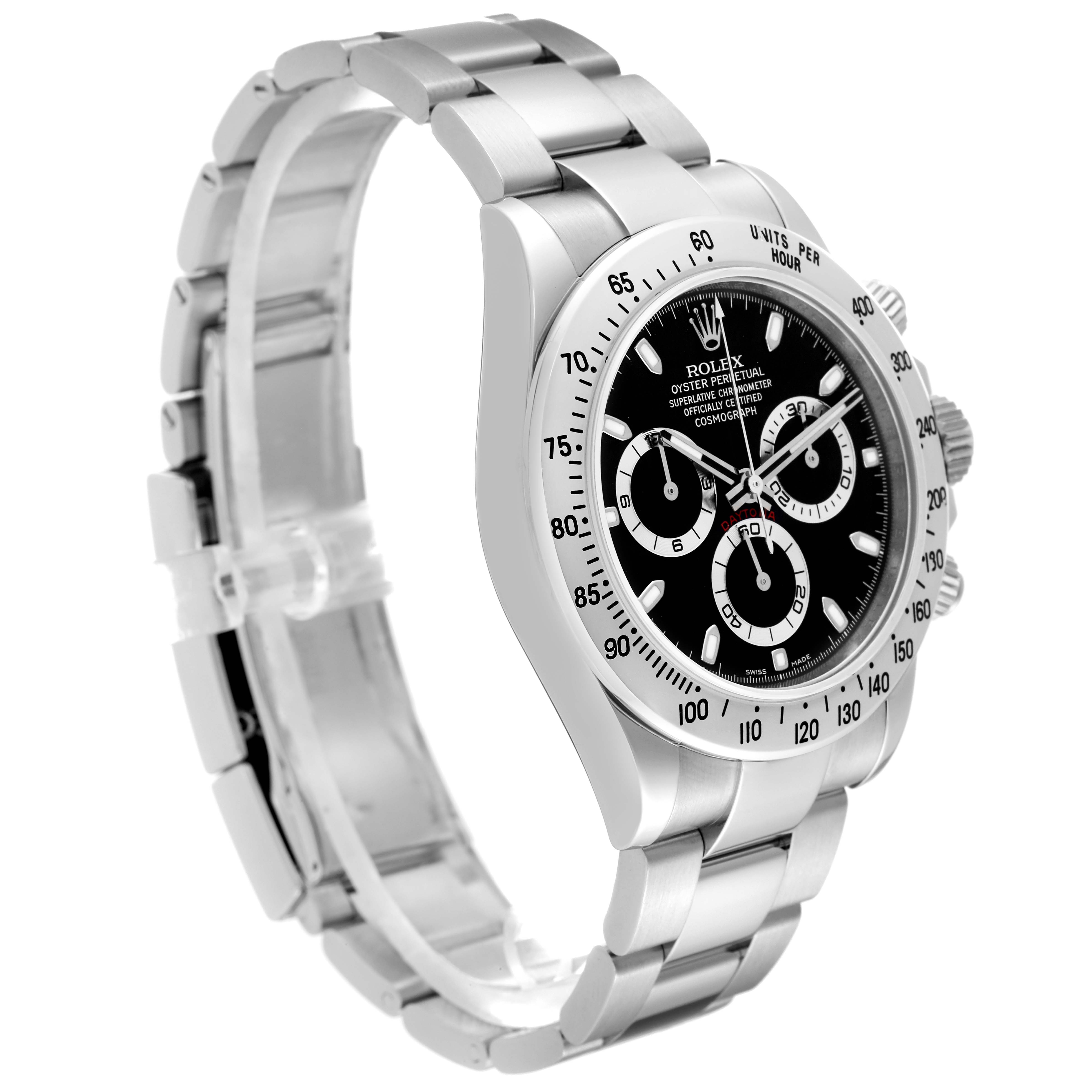 This image shows a side view of a Rolex Daytona 116520 Men's Stainless Steel Black Dial 116520 Men's Stainless Steel Black Dial watch, highlighting its black dial, stainless steel bracelet, and chronograph features.