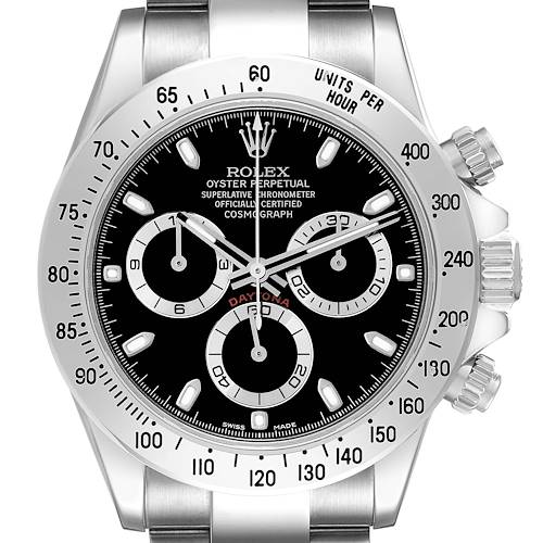 The image shows a front view of a Rolex Daytona watch, highlighting its dial, hands, chronograph sub-dials, and tachymeter bezel.