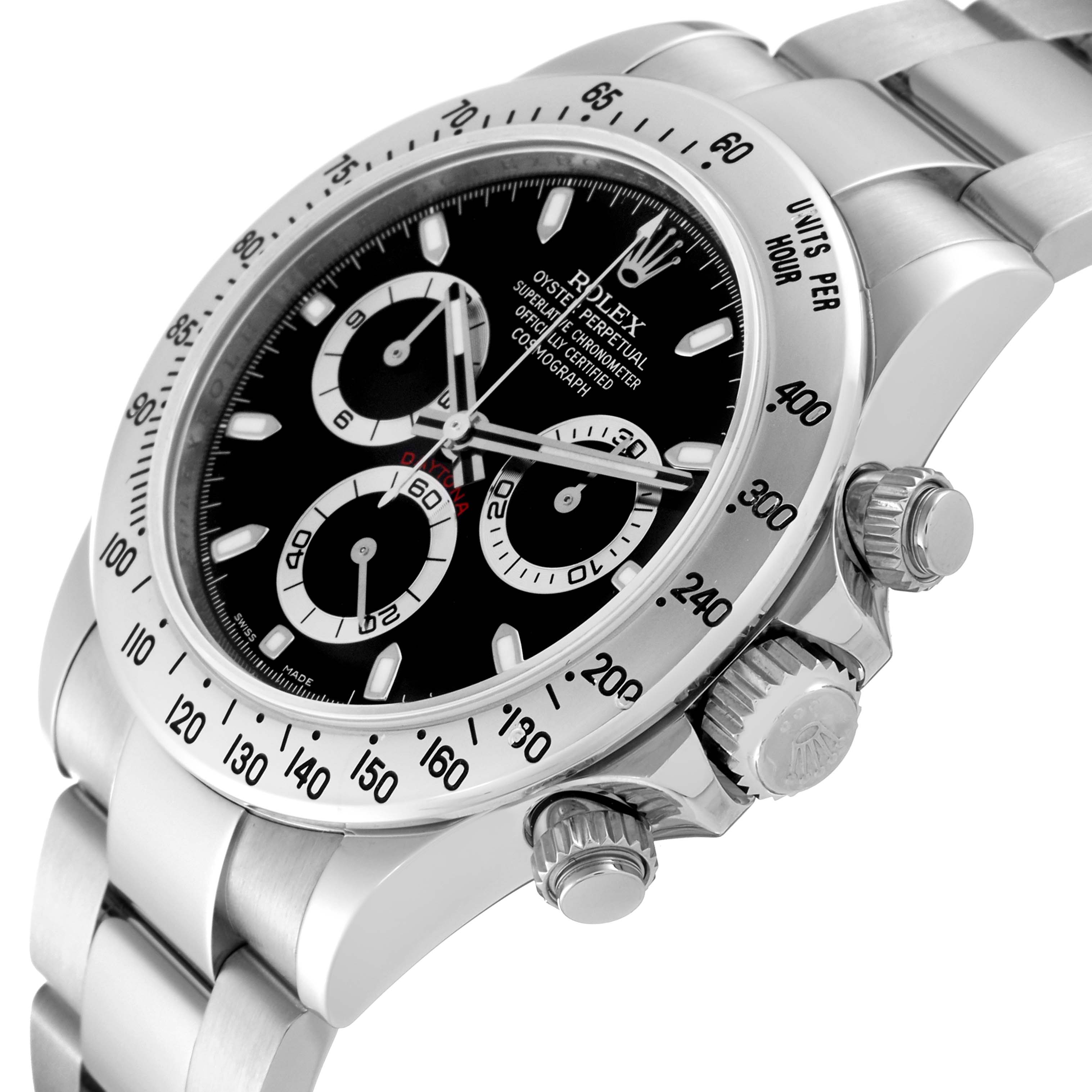 This image shows a close-up angle of the Rolex Daytona 116520 Men's Stainless Steel Black Dial 116520 Men's Stainless Steel Black Dial watch featuring the dial, crown, and side pushers.