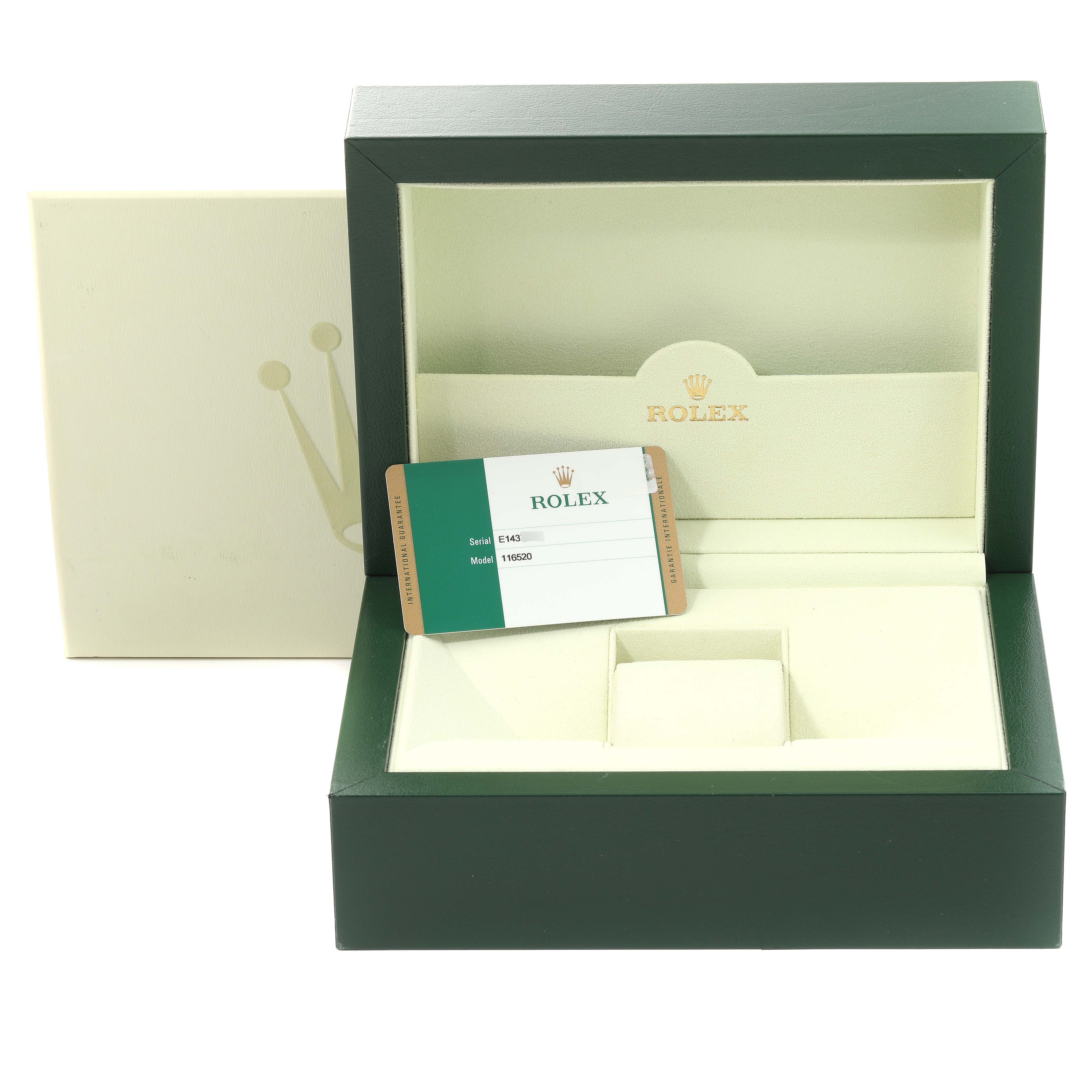 The image shows a Rolex Daytona 116520 Men's Stainless Steel Black Dial 116520 Men's Stainless Steel Black Dial watch box, with the cover open, showing the interior and a model card.