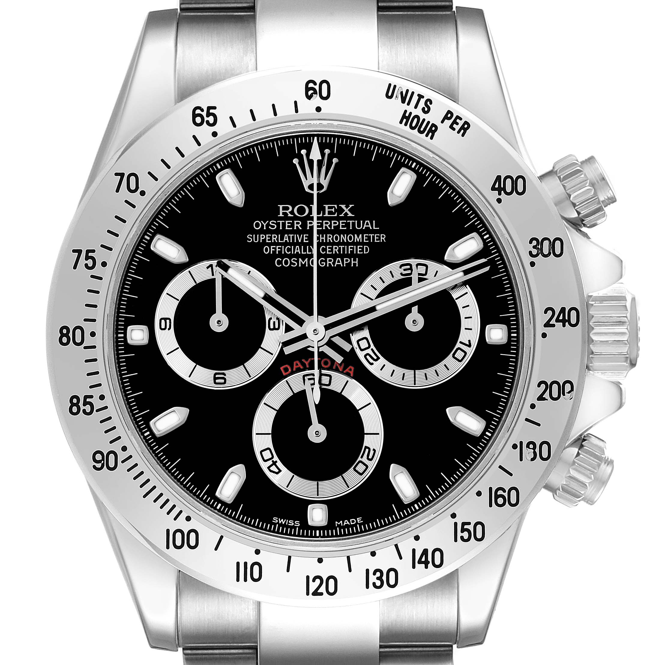 The image shows a front view of a Rolex Daytona 116520 Men's Stainless Steel Black Dial 116520 Men's Stainless Steel Black Dial watch, highlighting the dial, chronograph subdials, bezel, and crown.