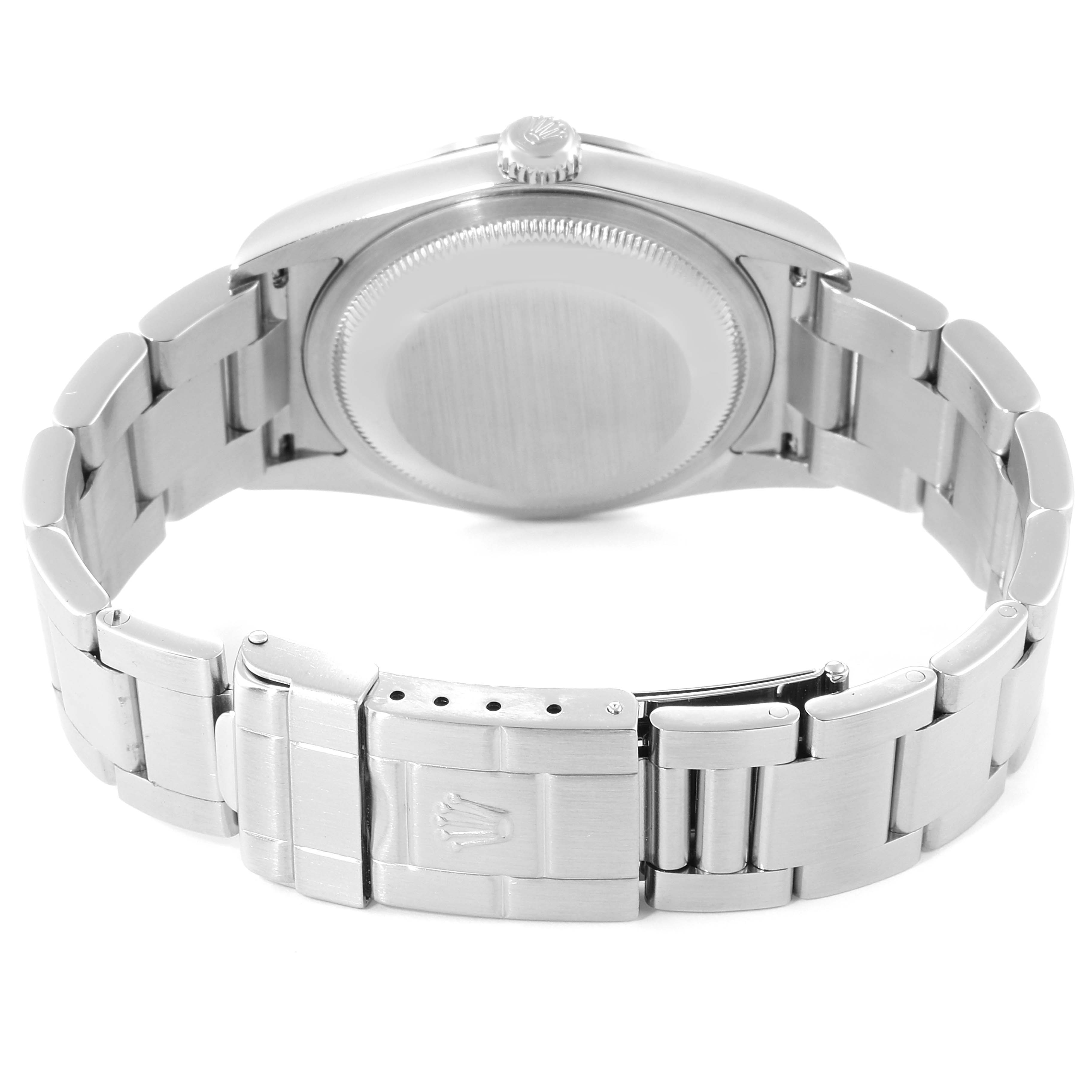 The image shows the back case, crown, and bracelet, including the clasp, of a Rolex Explorer 114270 Men
s Stainless Steel Black Dial 114270 Men
s Stainless Steel Black Dial watch.