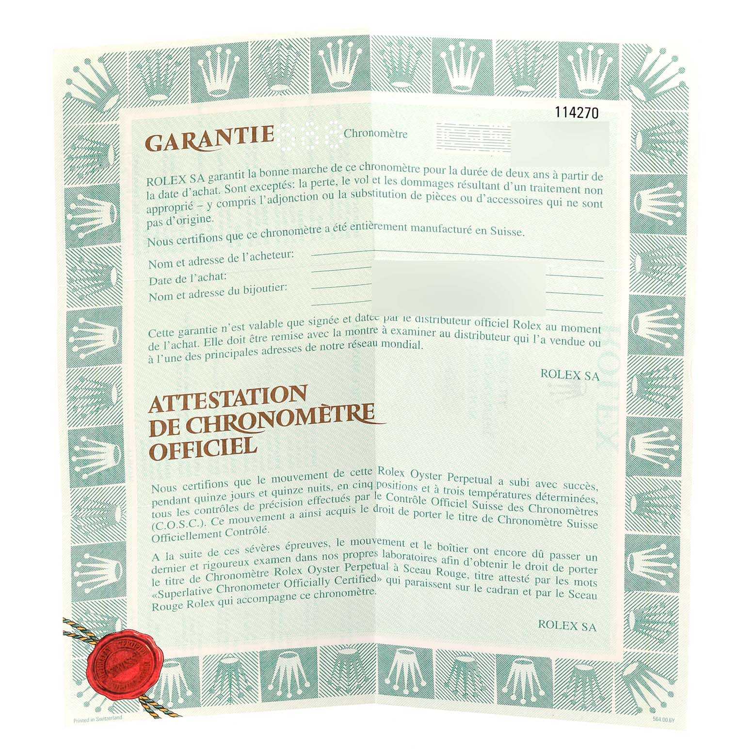 This image shows the warranty and chronometer certificate for the Rolex Explorer 114270 Men
s Stainless Steel Black Dial 114270 Men
s Stainless Steel Black Dial model.