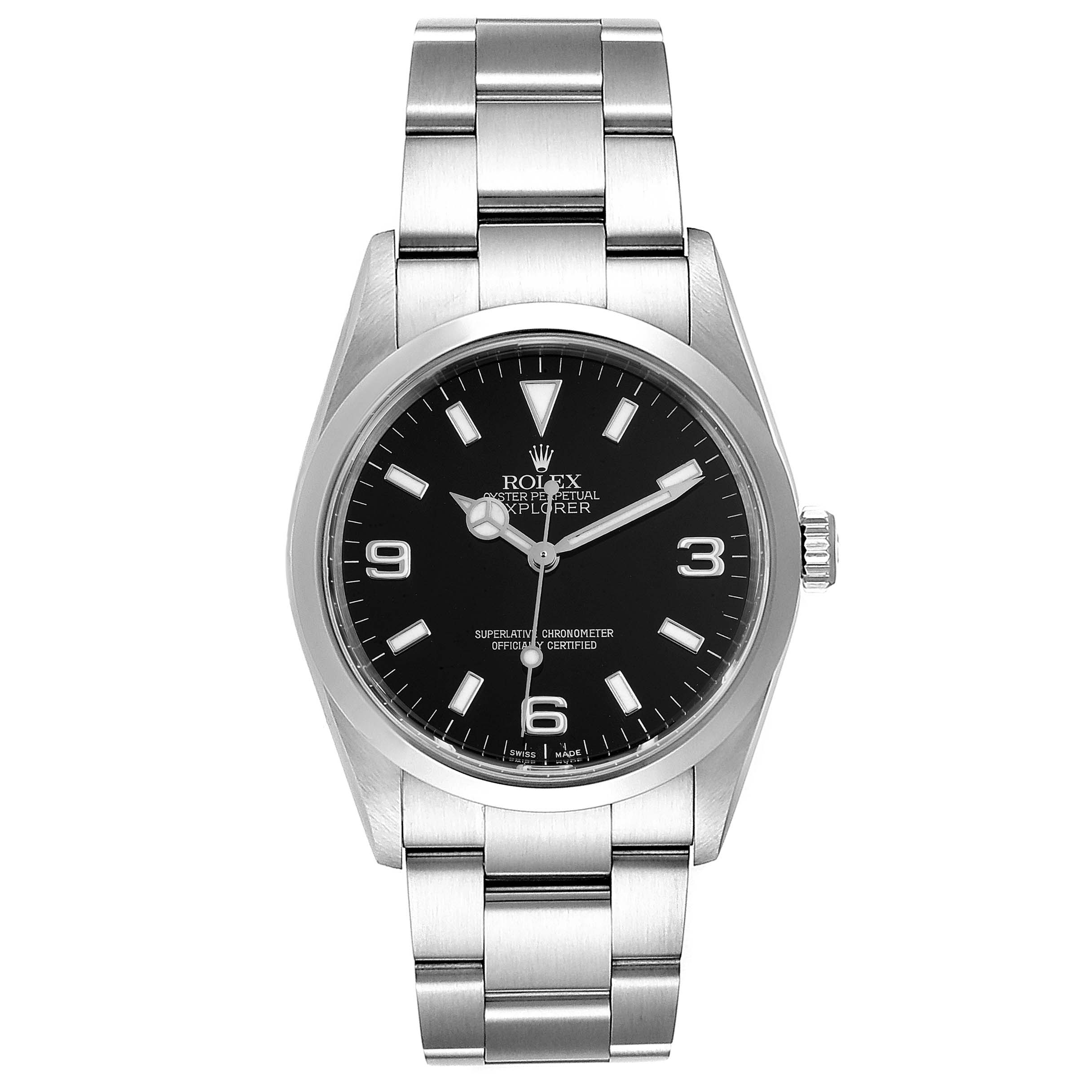 The image shows a front view of a Rolex Explorer 114270 Men
s Stainless Steel Black Dial 114270 Men
s Stainless Steel Black Dial watch, displaying the dial, bezel, case, and bracelet.