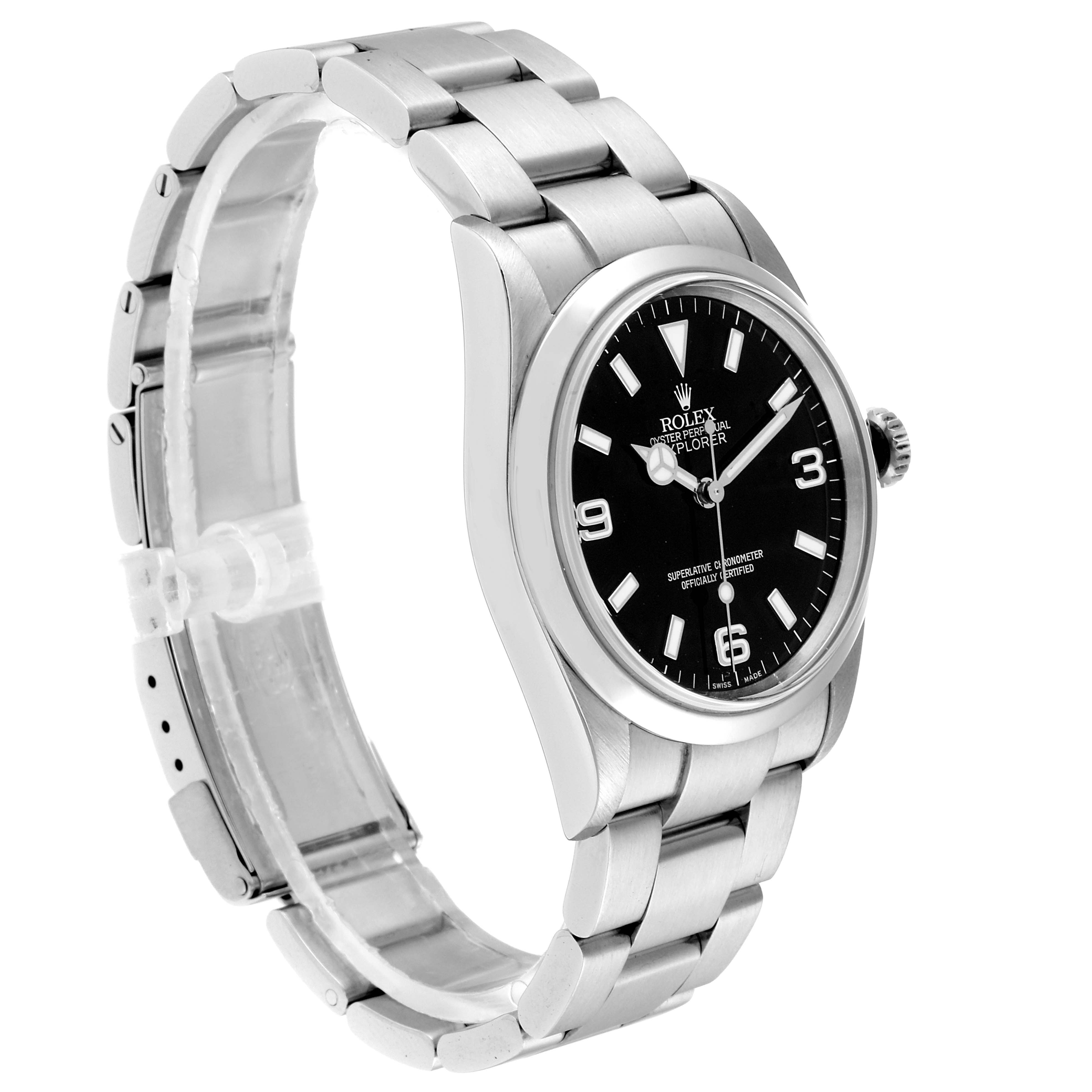 The image shows a side angle of a Rolex Explorer 114270 Men
s Stainless Steel Black Dial 114270 Men
s Stainless Steel Black Dial watch, displaying its face, bezel, crown, and bracelet.