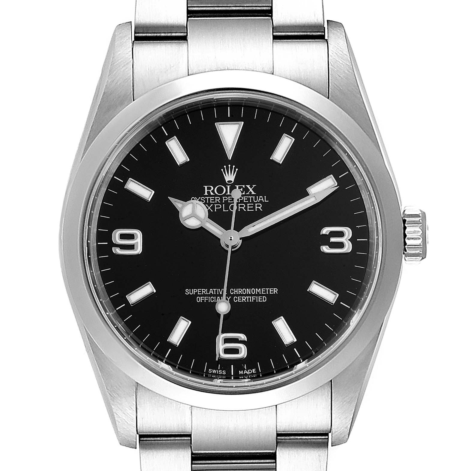 The image shows a front view of the Rolex Explorer 114270 Men
s Stainless Steel Black Dial 114270 Men
s Stainless Steel Black Dial watch, highlighting its black dial and stainless steel bracelet.