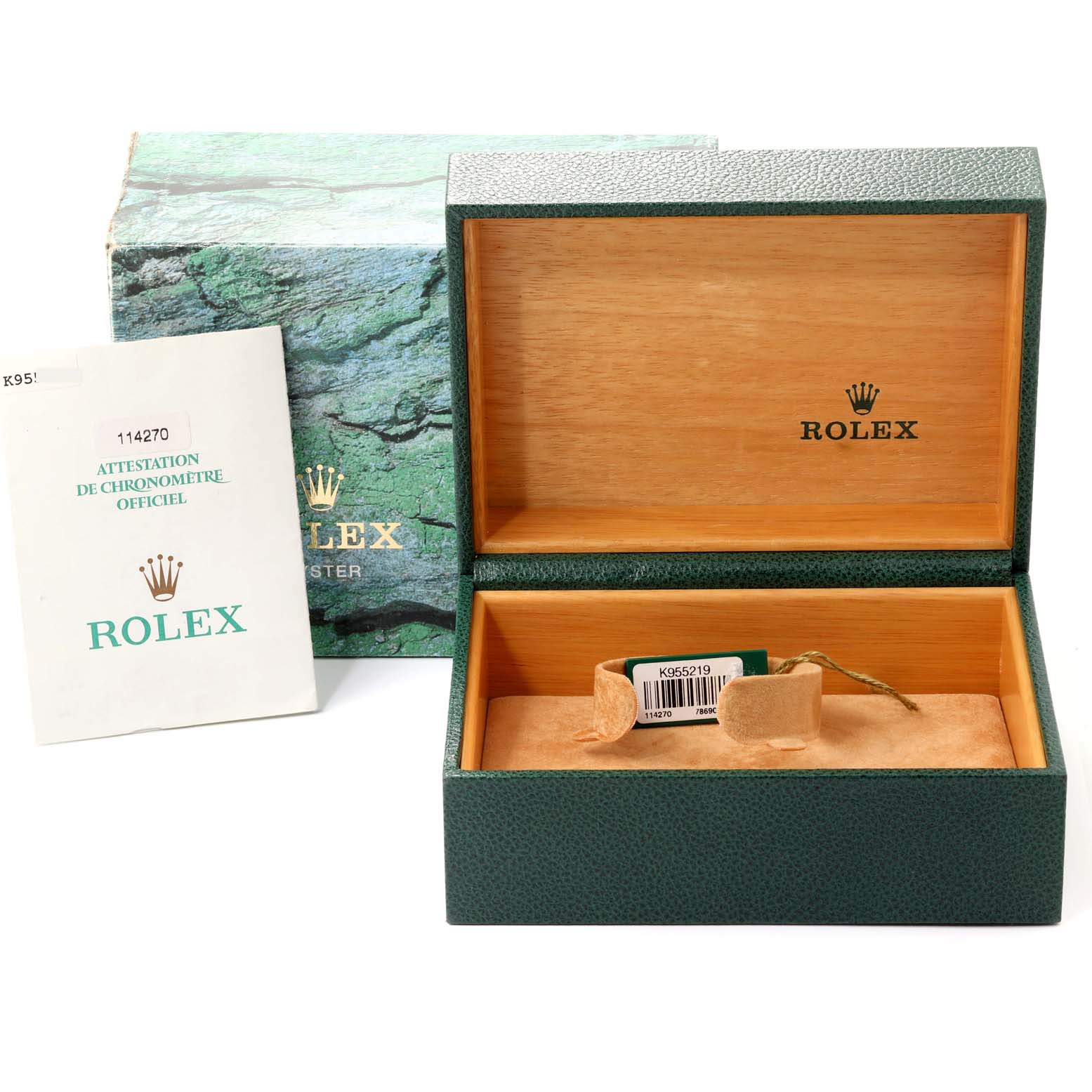 The image shows the open packaging of a Rolex Explorer 114270 Men
s Stainless Steel Black Dial 114270 Men
s Stainless Steel Black Dial watch, including the watch box, manual, and tag.