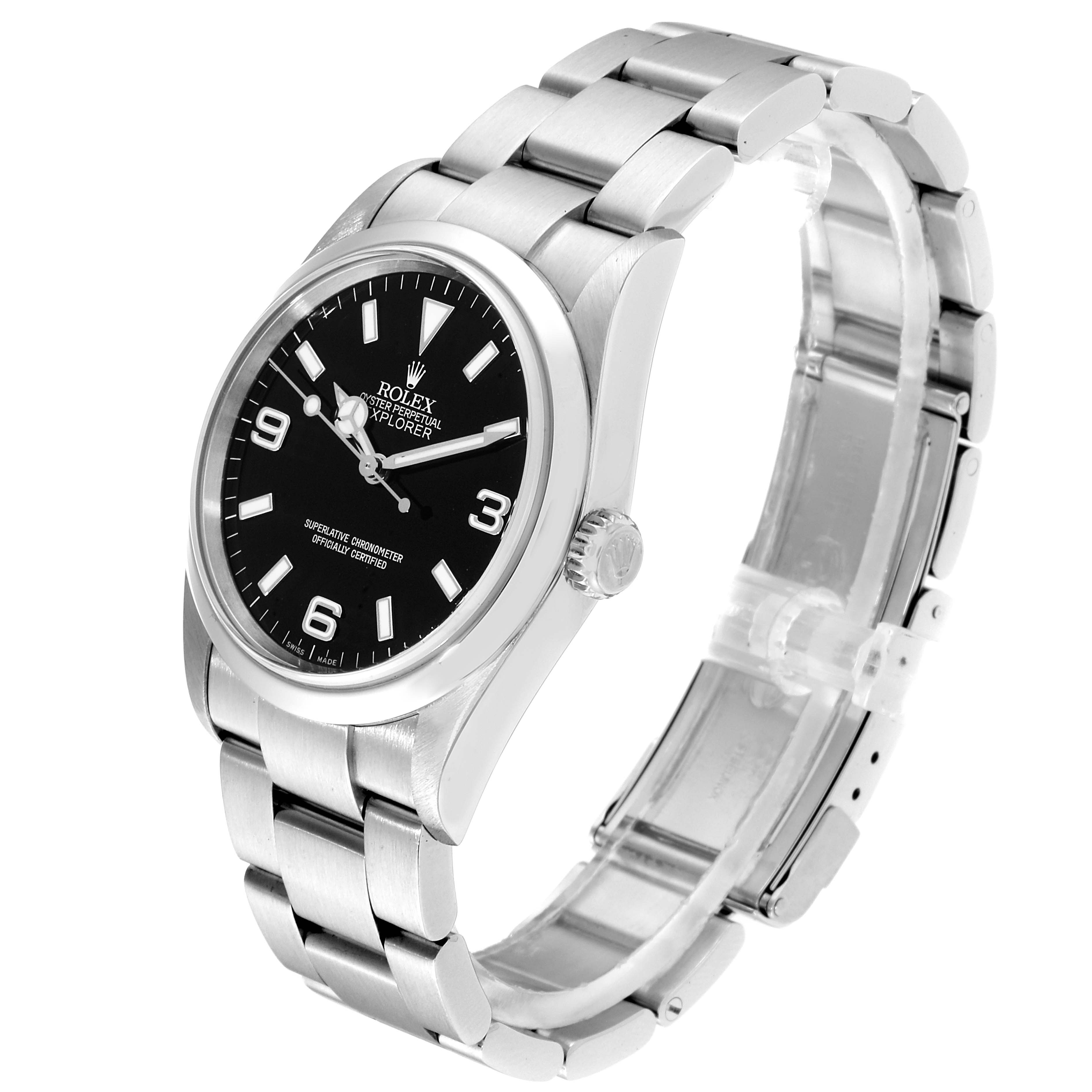 The Rolex Explorer 114270 Men
s Stainless Steel Black Dial 114270 Men
s Stainless Steel Black Dial watch is shown at a side angle, displaying the black dial, case, bracelet, and crown.
