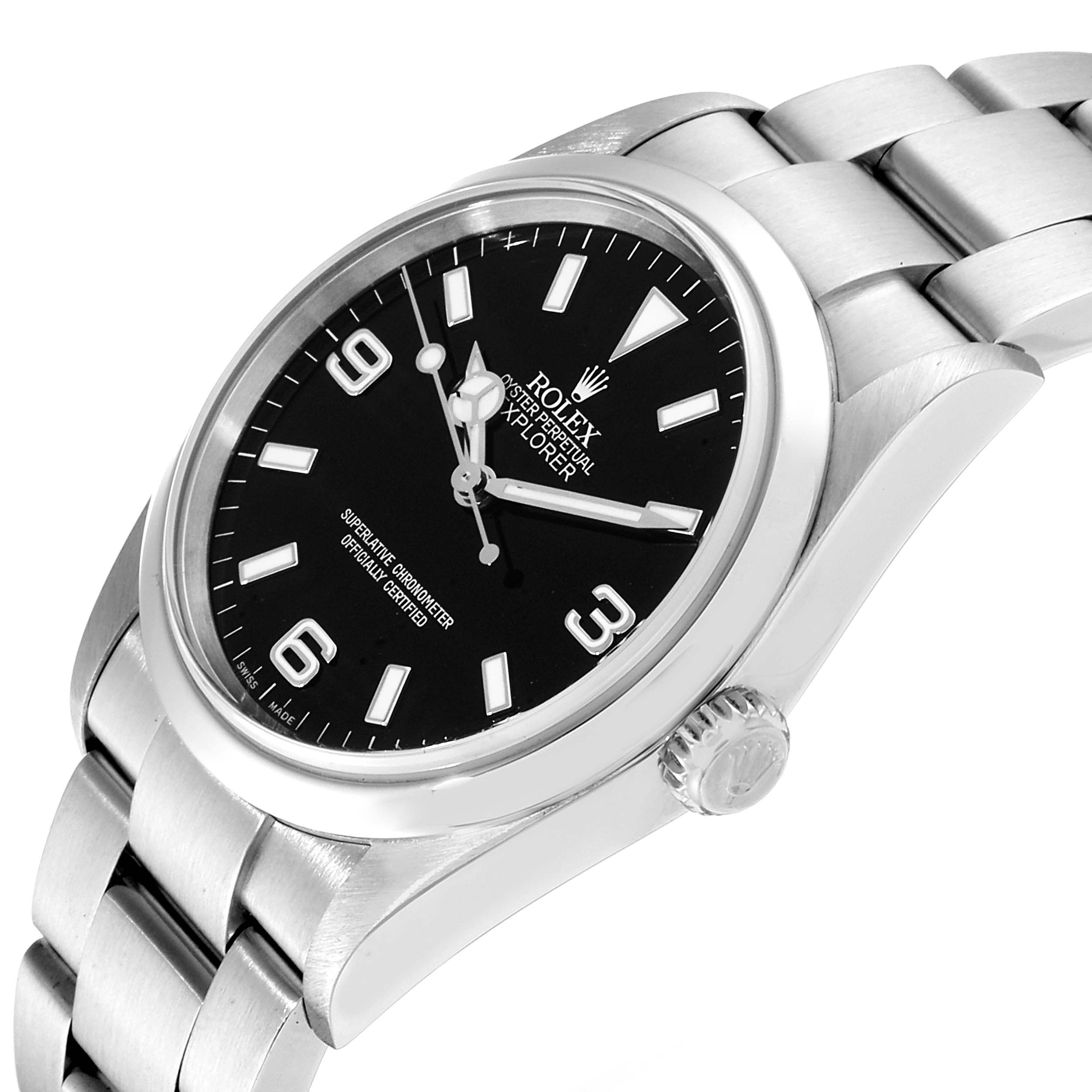The image shows a Rolex Explorer 114270 Men
s Stainless Steel Black Dial 114270 Men
s Stainless Steel Black Dial watch from a side angle, highlighting the face, crown, and part of the bracelet.