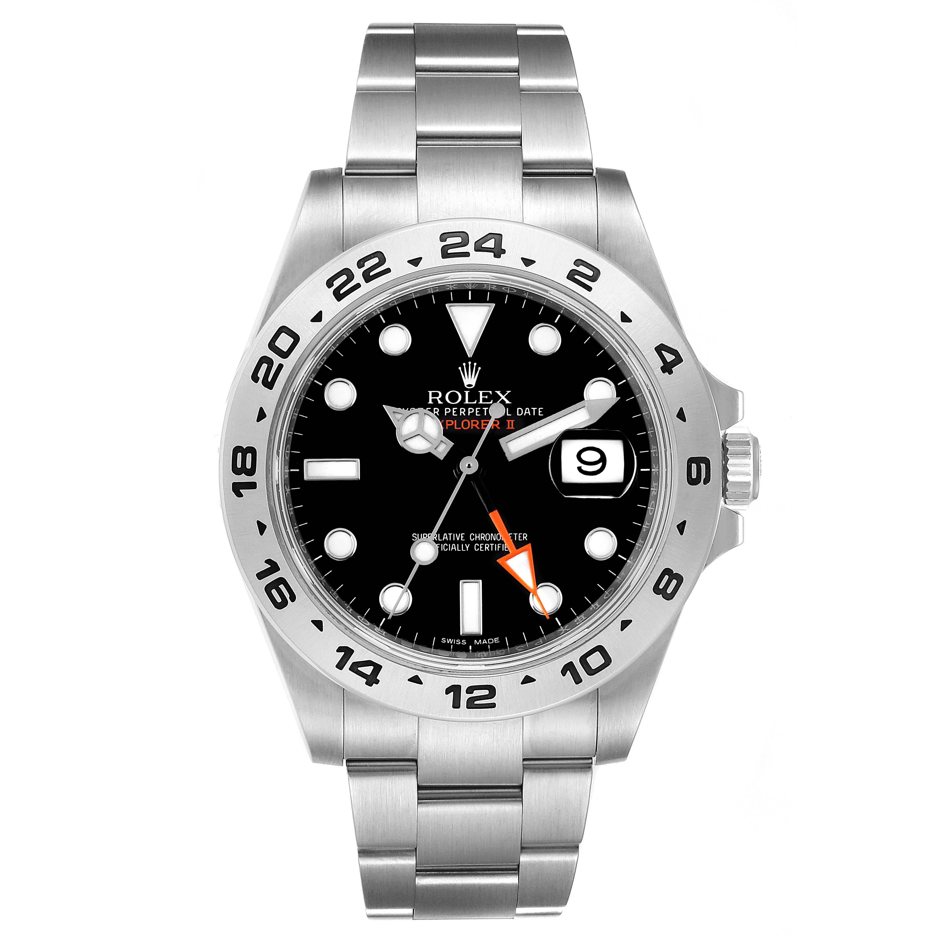 The image shows a front view of the Rolex Explorer 216570 Men
s Stainless Steel Black Dial 216570 Men
s Stainless Steel Black Dial watch, highlighting the bracelet, bezel, dial, and date window.